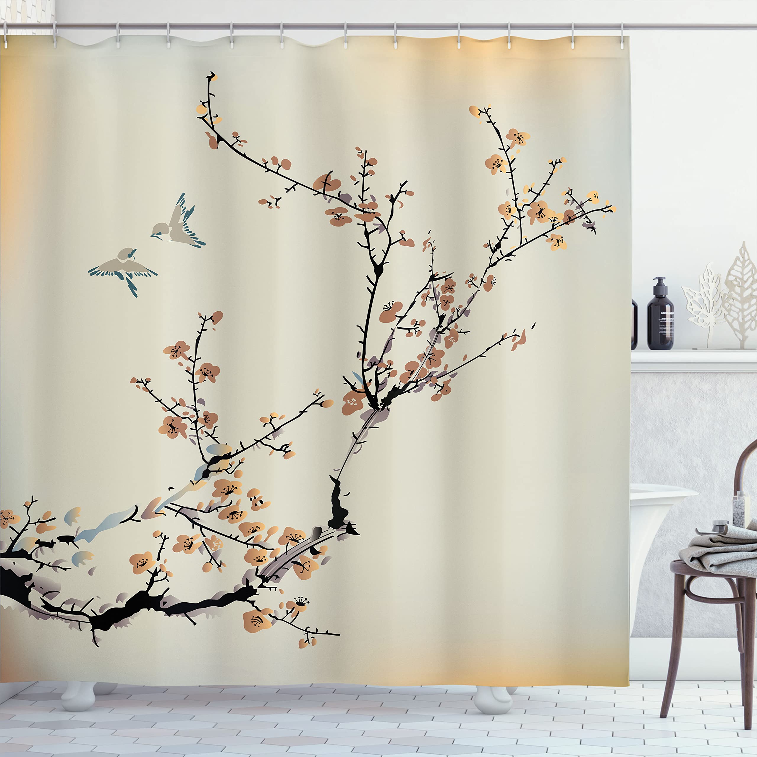 Ambesonne Floral Shower Curtain - Watercolor Cherry Blossoms & Birds Design, 69x75 Inch Mustard Yellow Bathroom Decor with Hooks - Elegant Home Accessories for Master & Guest Bathrooms | Perfect for Spring Refresh, Spa-Like Retreats & Nature-Inspired Bathroom Themes