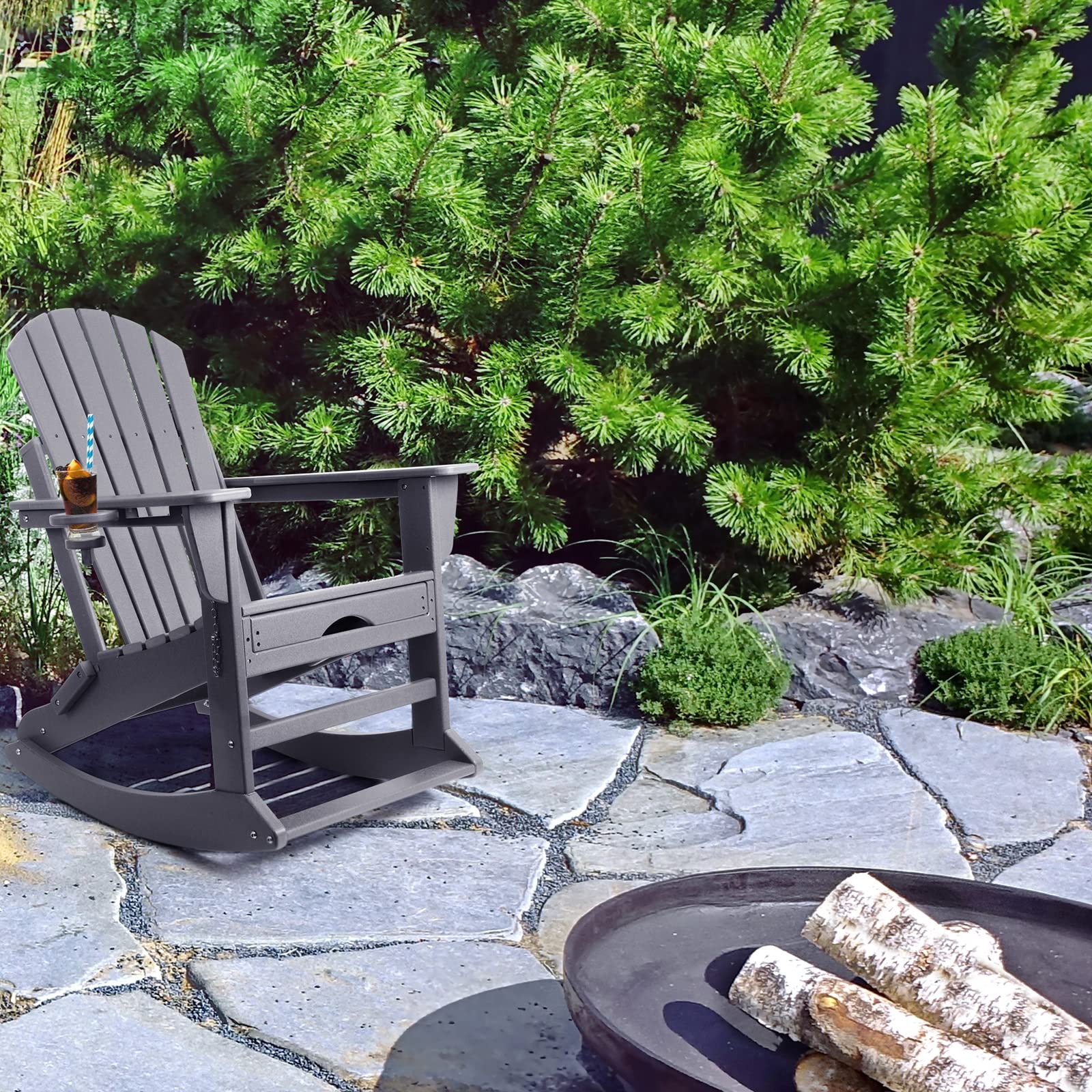 4-in-1 Folding Adirondack Chair with Ottoman & Cup Holder - 350 LBS Weight Capacity, Weather-Resistant Plastic Outdoor Rocking Chair for Adults - Perfect for Patio, Garden, Poolside & Fire Pit Relaxation