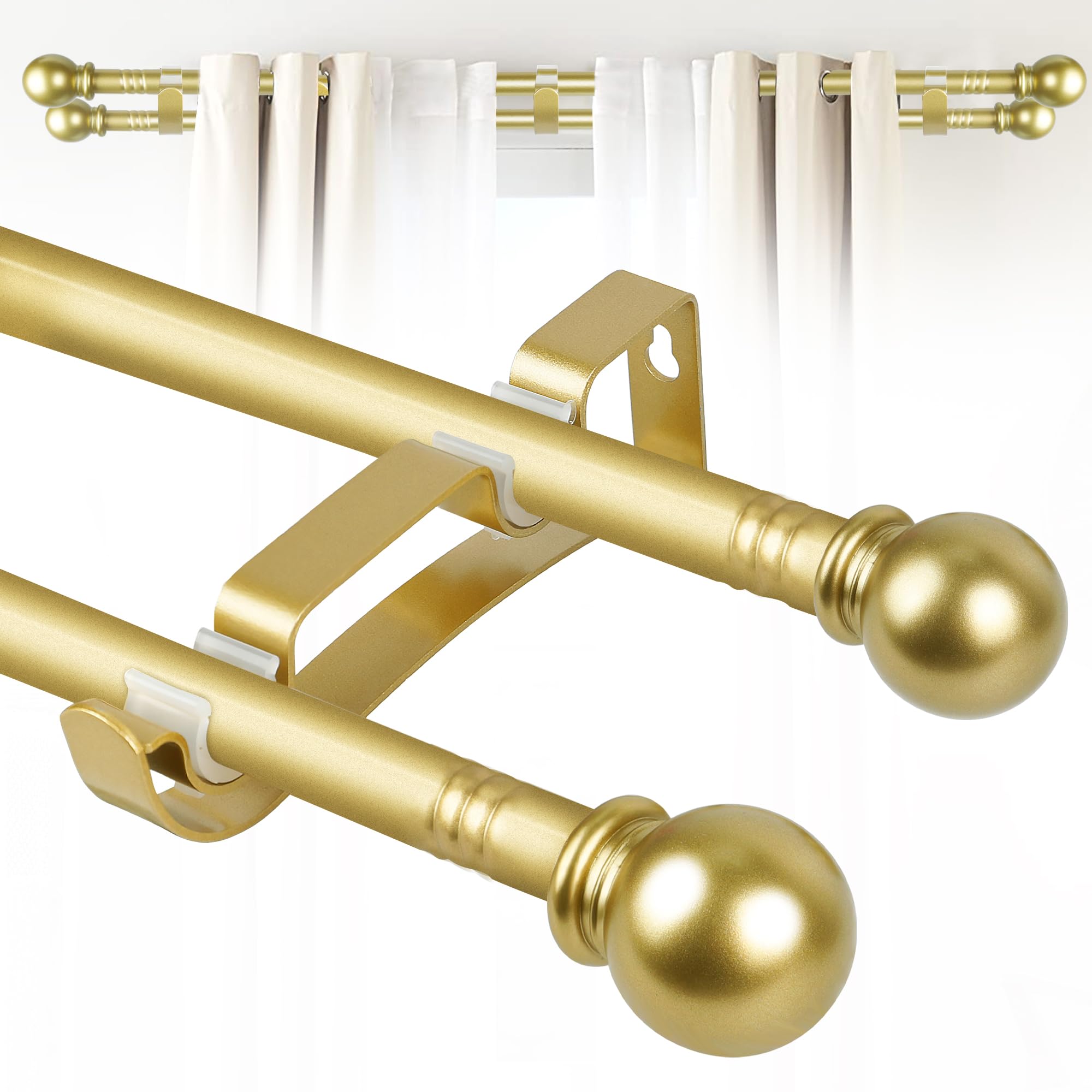 Double Curtain Rods for Windows 66-120 Inch - Gold Curtain Rod Set with 3 Brackets, 5/8