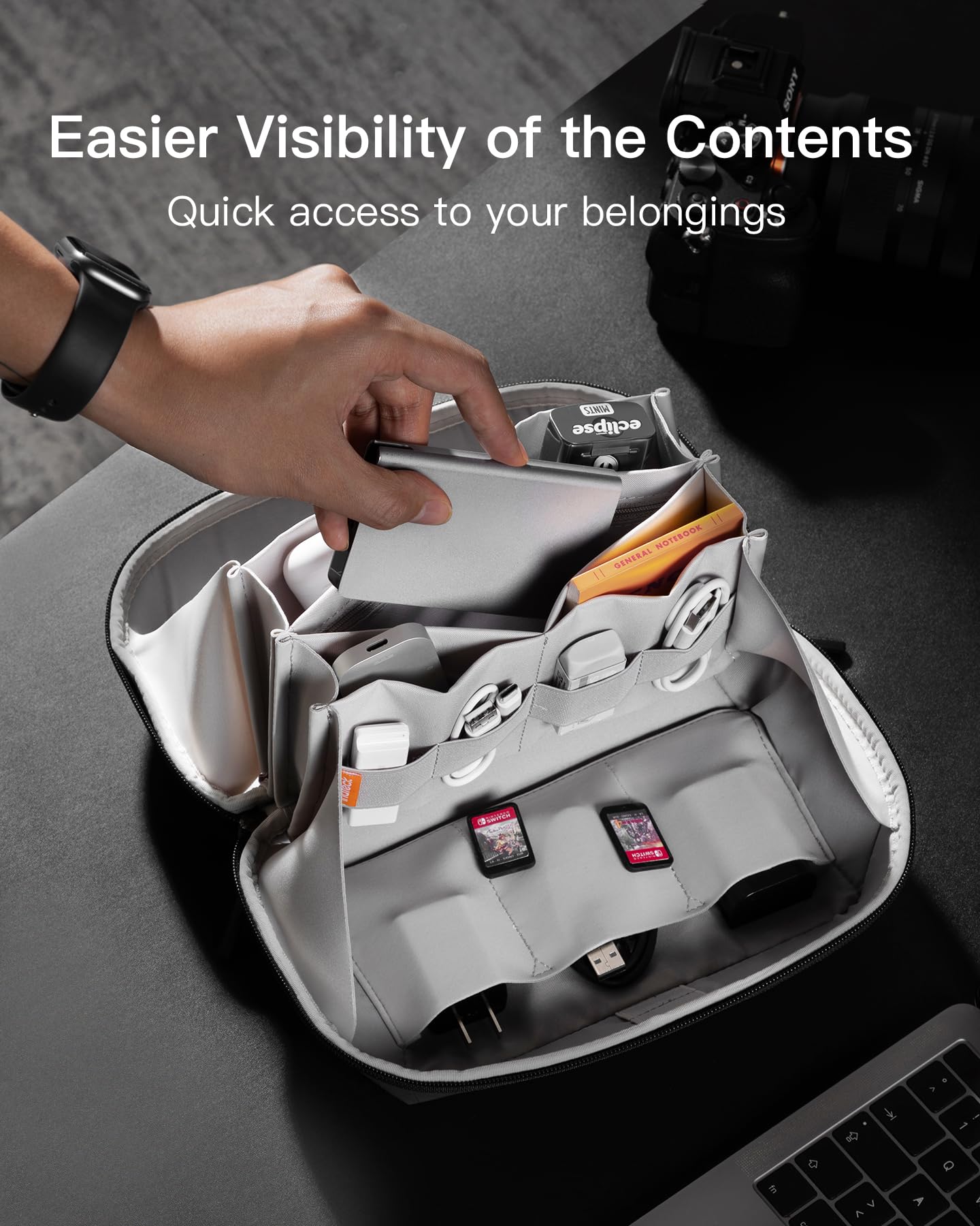 Inateck 180° Open Tech Pouch - Splashproof Cable Organizer for Travel & Gadgets Storage
