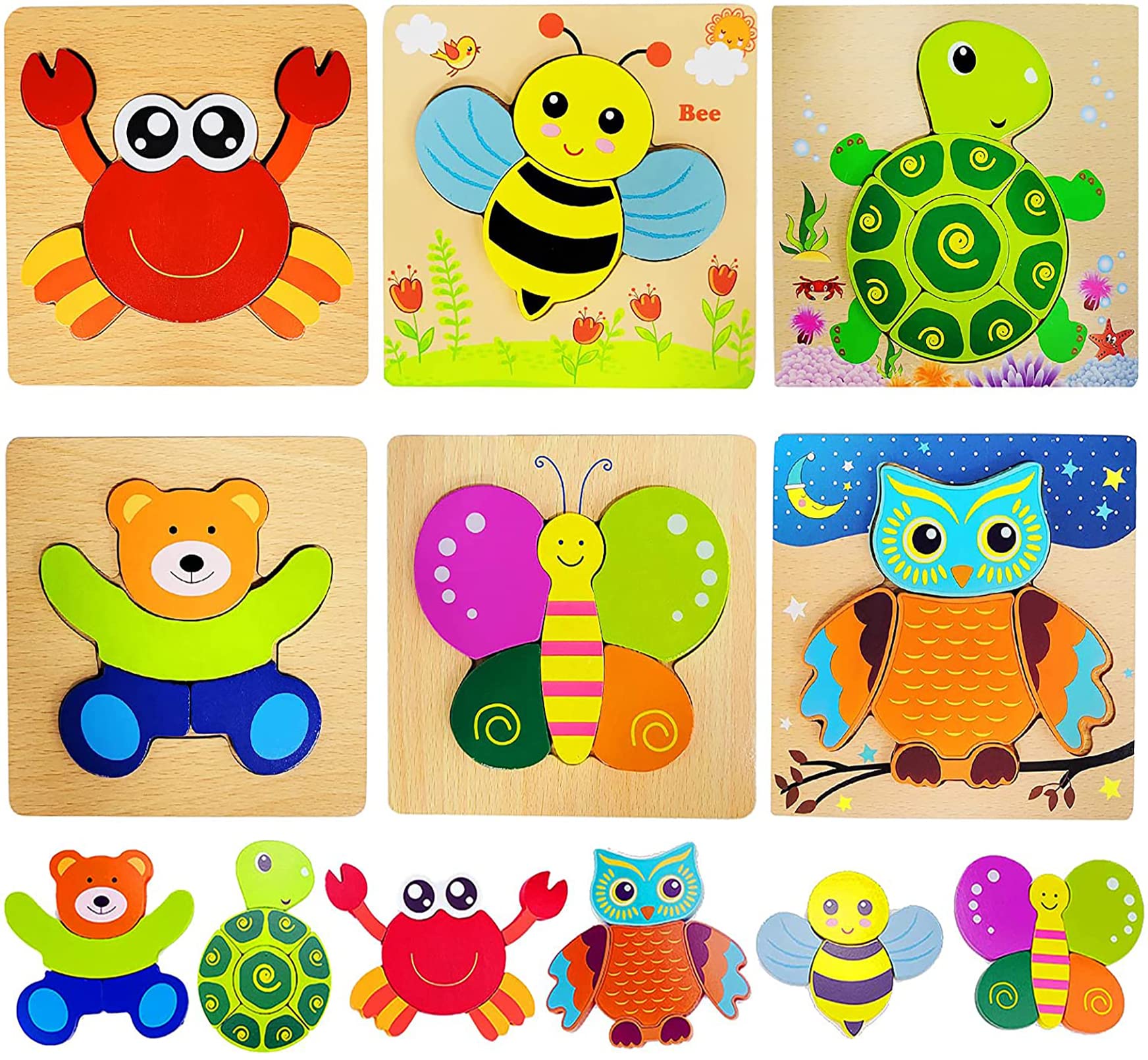 6 Pack Wooden Animal Puzzles for Toddlers 1-3 Years Old - Montessori Learning Educational Toys for Boys & Girls - Perfect Christmas & Birthday Gifts for 1 2 3 Year Olds - Great for Early Childhood Development & Montessori Classroom Activities