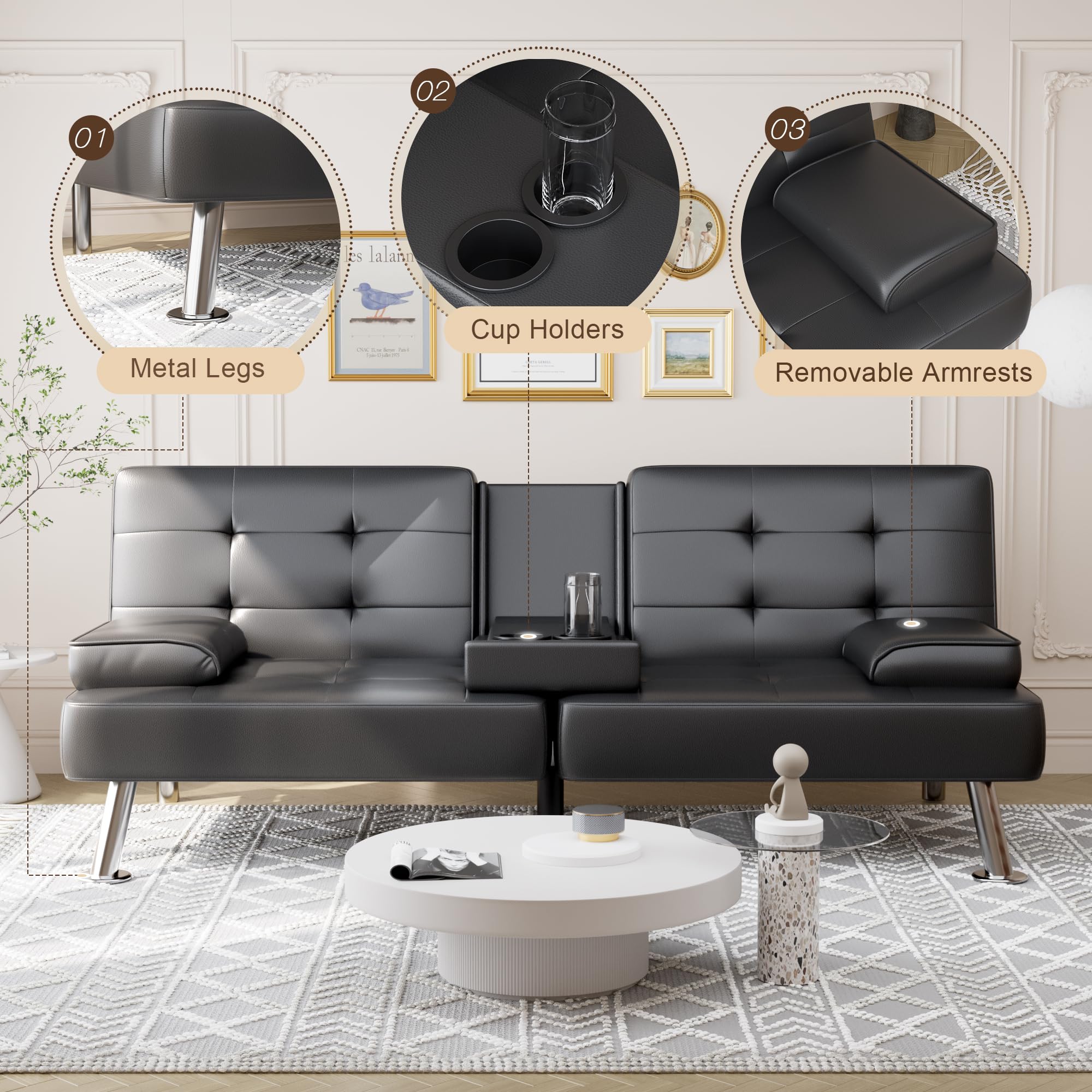 Shahoo Convertible Folding Futon Sofa Bed - 3-in-1 Sleeper Couch for Living Room, Guest Room & Small Spaces - Faux Leather Upholstered Loveseat with Removable Armrests, Sturdy Metal Legs & 2 Cup Holders - Black - Perfect for Apartments, Dorms, Home Office & Studio Living