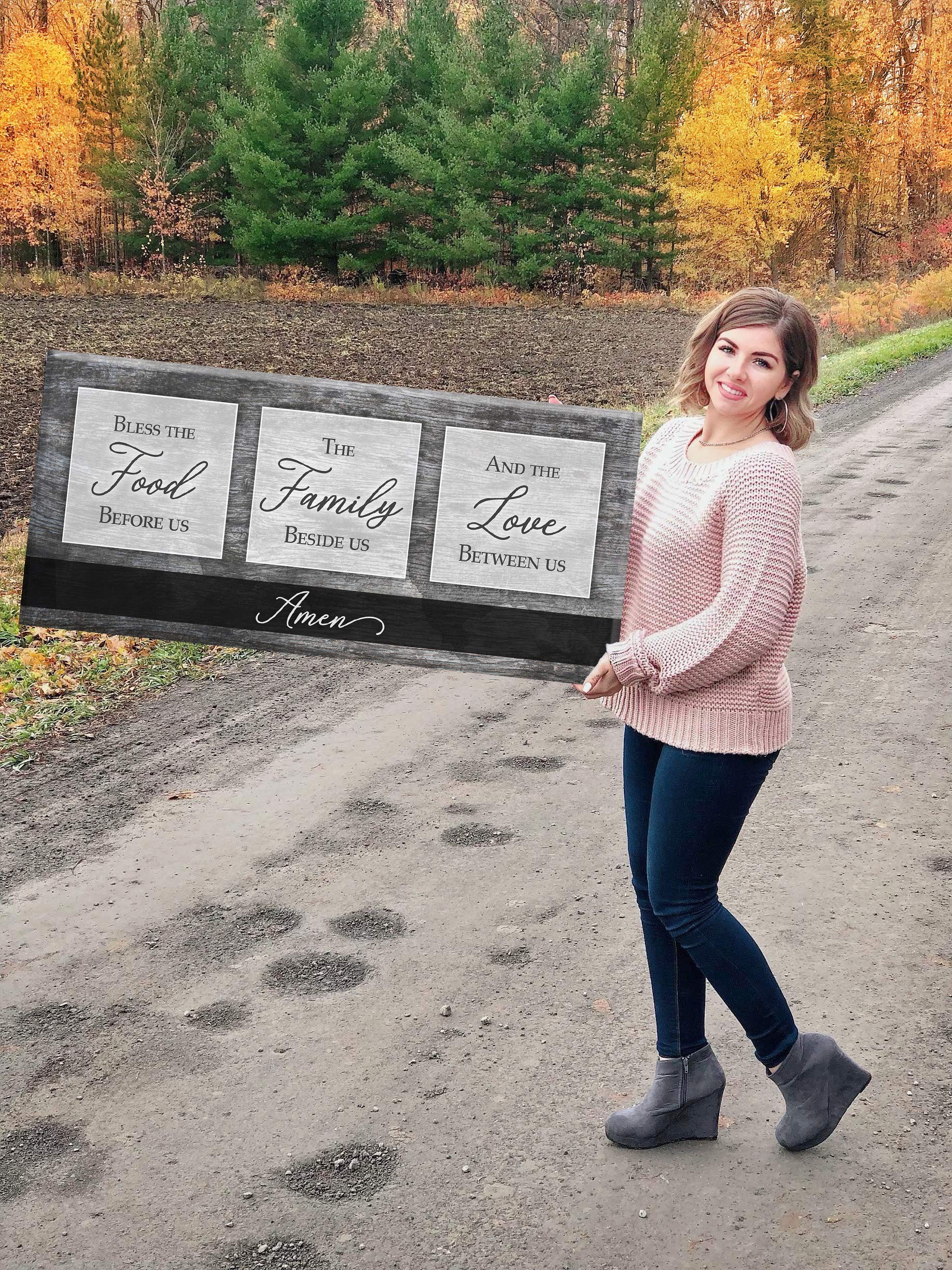 Bless the Food V2 Grey Framed Kitchen Wall Art Sign - 60x27 Inches Rustic Dining Room Decor for Farmhouse & Modern Homes - Perfect for Kitchens, Dining Areas & Entryways