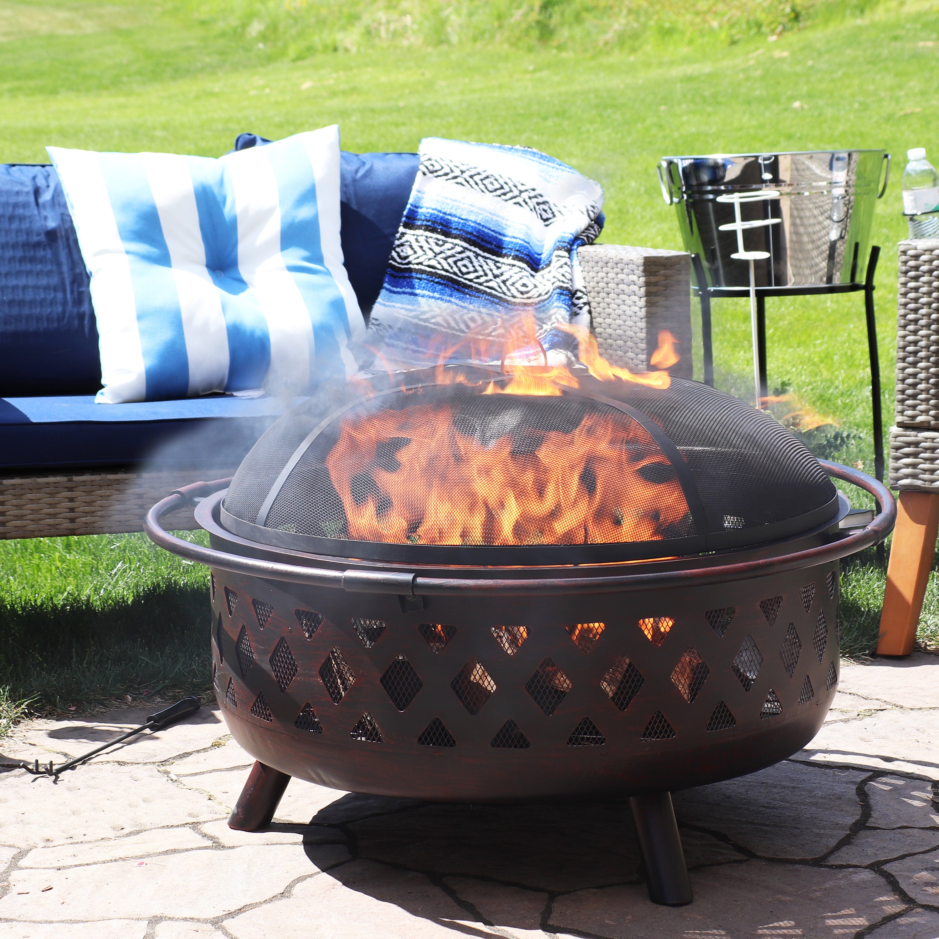 Sunnydaze Bronze Crossweave Outdoor Fire Pit with Spark Screen & Poker - Heavy Duty Steel Wood Burning Firepit for Backyard, Patio, Camping & Bonfires