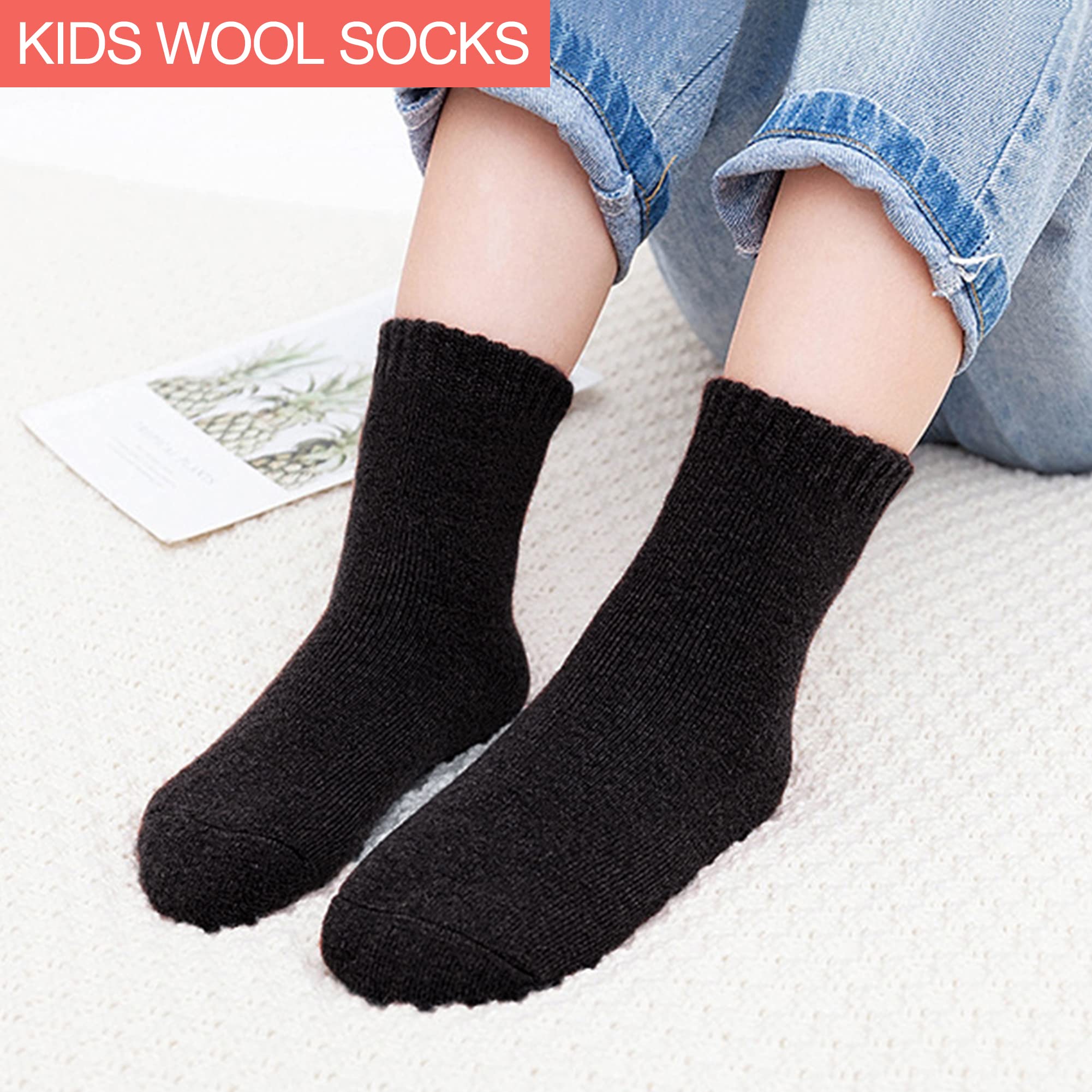DYW Kids Merino Wool Hiking Socks for Toddlers - 6 Pairs Warm Winter Thermal Boot Socks for Boys & Girls - Soft Cozy Crew Socks for Outdoor Adventures & Cold Weather Play