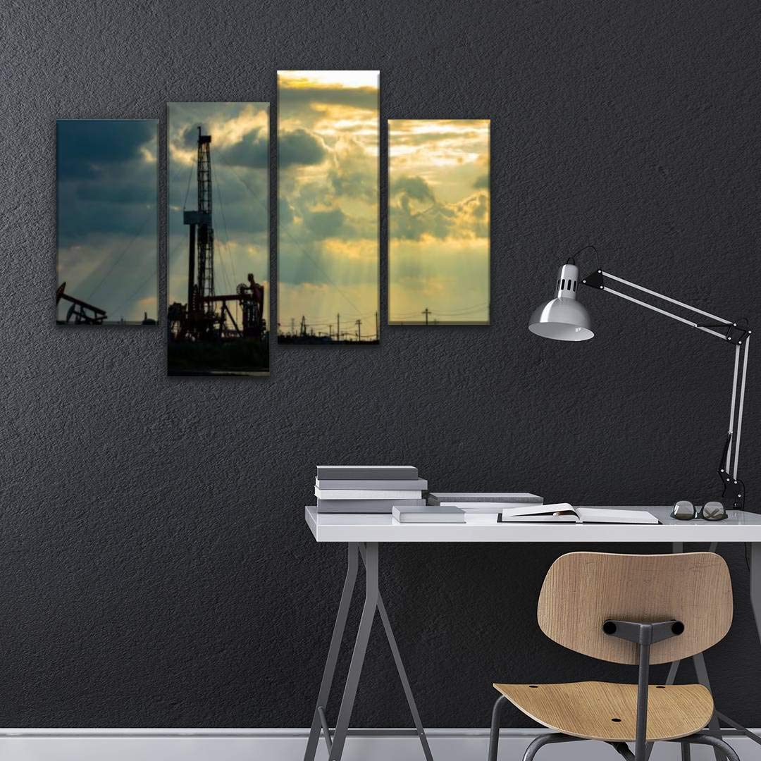 4 Panels Oilfield Derrick Canvas Paintings - Modern Oil Industry Wall Art & Framed Posters Ready to Hang - Home & Office Decor for Living Room, Bedroom, Man Cave