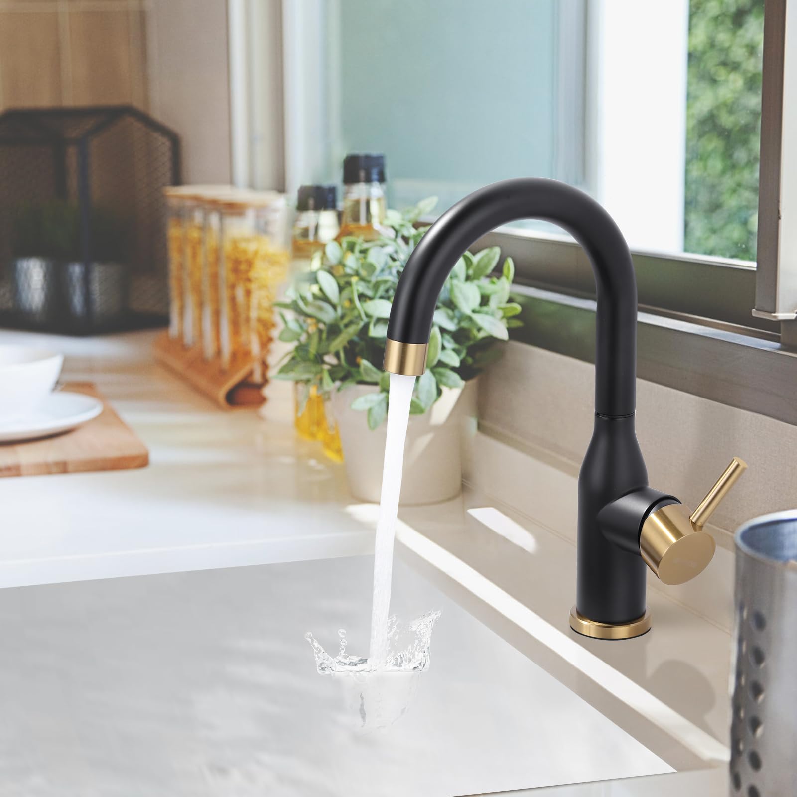 **Black & Gold Modern Single Handle Bar Sink Faucet – 1 Hole Mini Kitchen Faucet with 360° Swivel & Water Supply Hoses – Perfect for RV, Tiny Homes, Wet Bars & Small Kitchen Sinks**