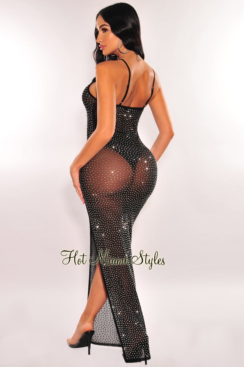 Elegant Black Silver Rhinestone Sheer Spaghetti Strap Slit Maxi Dress for Women - Perfect for Evening Parties, Weddings & Special Occasions