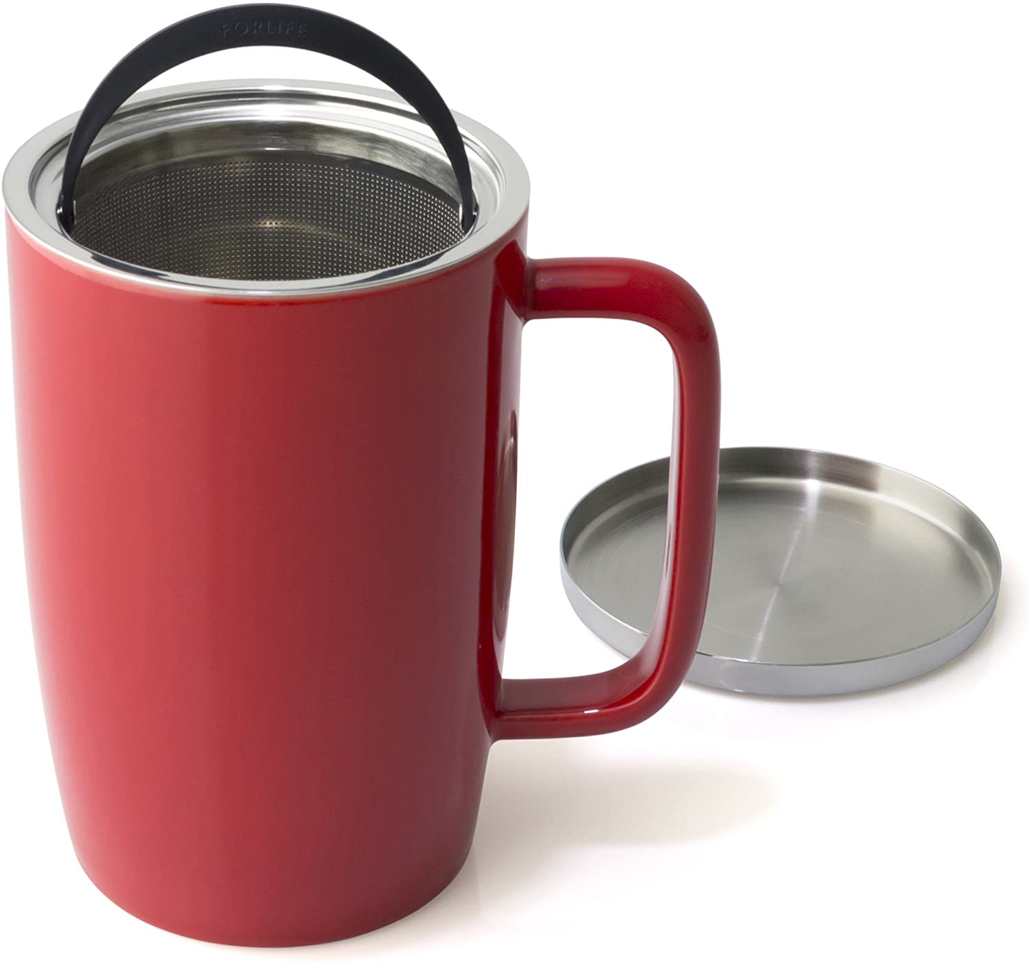 FORLIFE Dew Glossy Finish Tea Infuser Mug with Removable Basket & Mirror Stainless Steel Lid - 18oz Red - Perfect for Loose Leaf Tea Brewing at Home, Office or Gifts