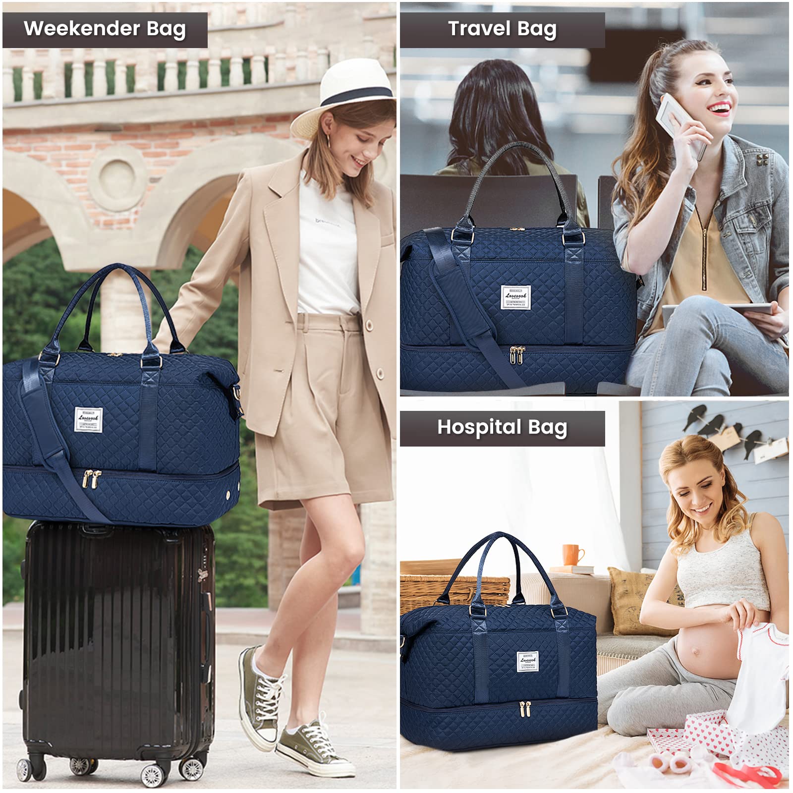 LOVEVOOK Women's Travel Duffle Bag - Waterproof Weekender Overnight Bag with Shoe Compartment & Wet Pocket | Perfect for Gym, Hospital Delivery, Business Trips & Weekend Getaways | Carry-On Approved Toiletry Organizer Included