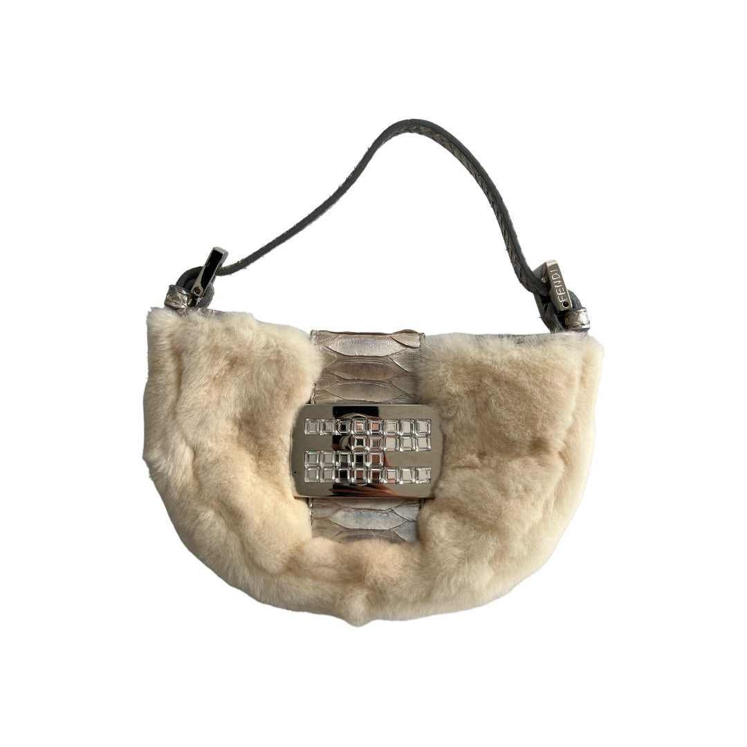 Luxury Fendi Chinchilla Fur Croissant Bag with Rhinestone Buckle & Silver Python Trim - Perfect for Evening Parties, Red Carpet Events & High-End Fashion Accessories