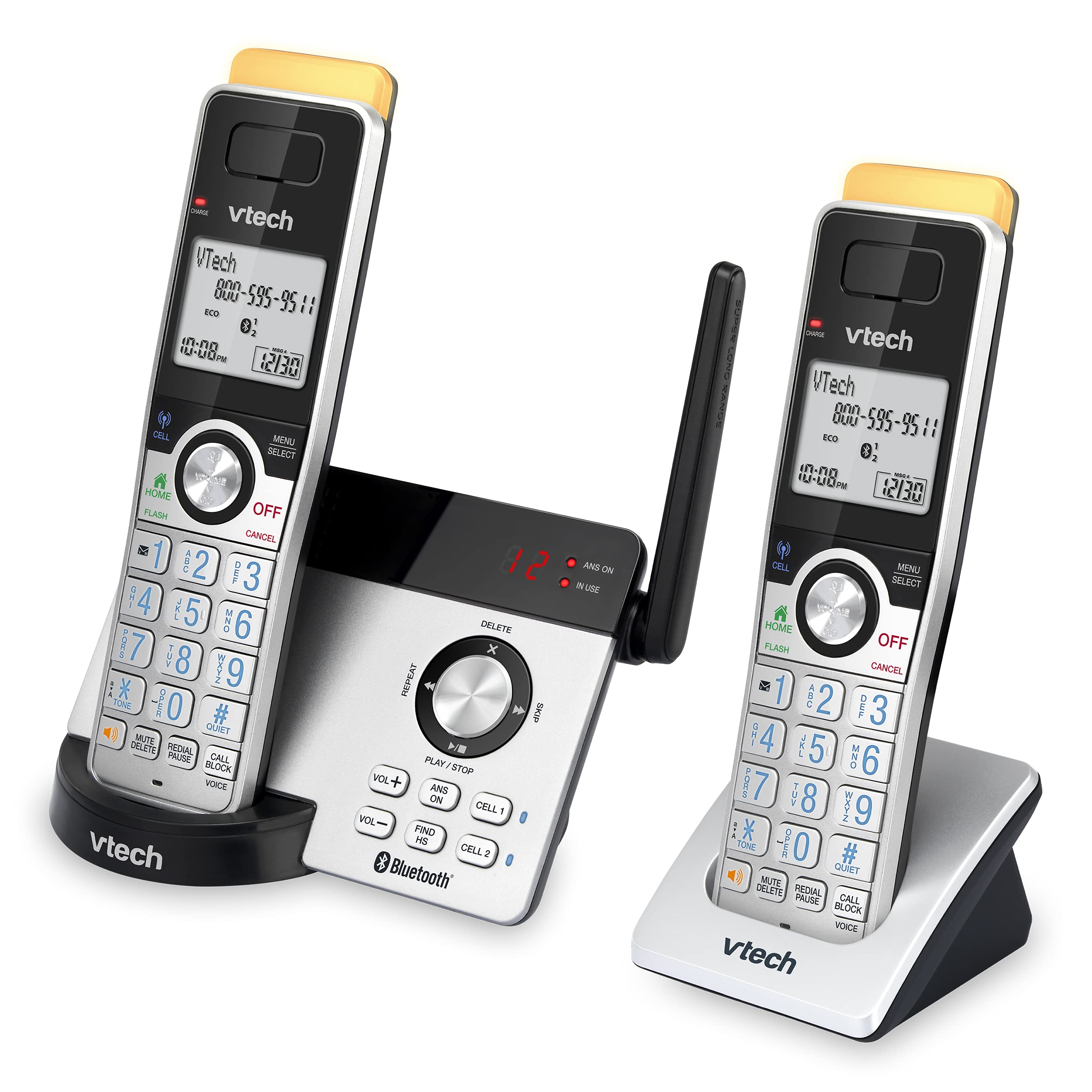 Vtech IS8121-2 Expandable Cordless Phone with 2 Handsets - Super Long Range, Bluetooth Connectivity, Smart Call Blocker & Digital Answering System (Silver/Black) - Perfect for Home Office & Large Houses