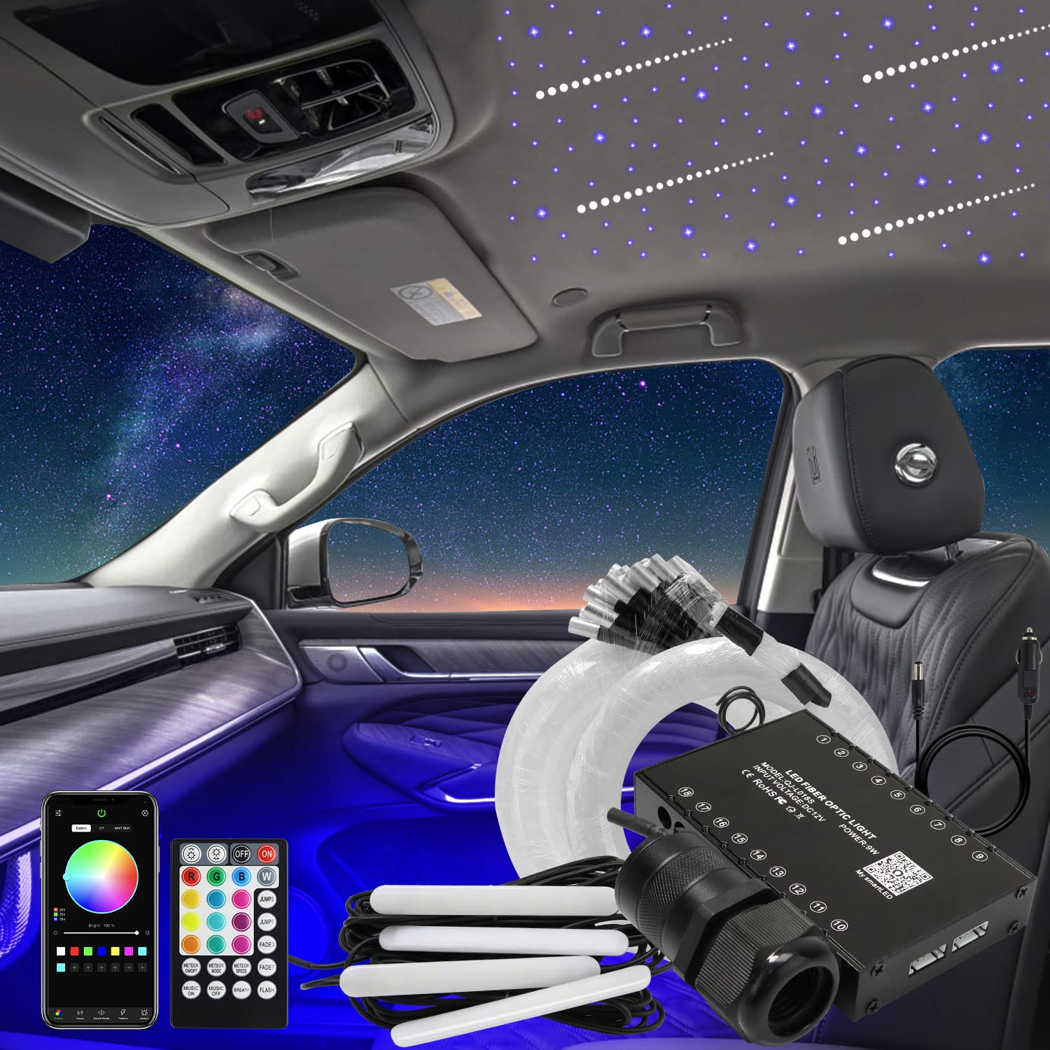 AKEPO 6W APP Meteor RGBW Fiber Optic 3-in-1 Car Interior Lighting Kit - Under Dash Lights with Shooting Star Effect, Music Sync, 450pcs 9.8ft Fiber Strands & 28-Key RF Remote - Perfect for Car Customization, Parties & Home Decoration