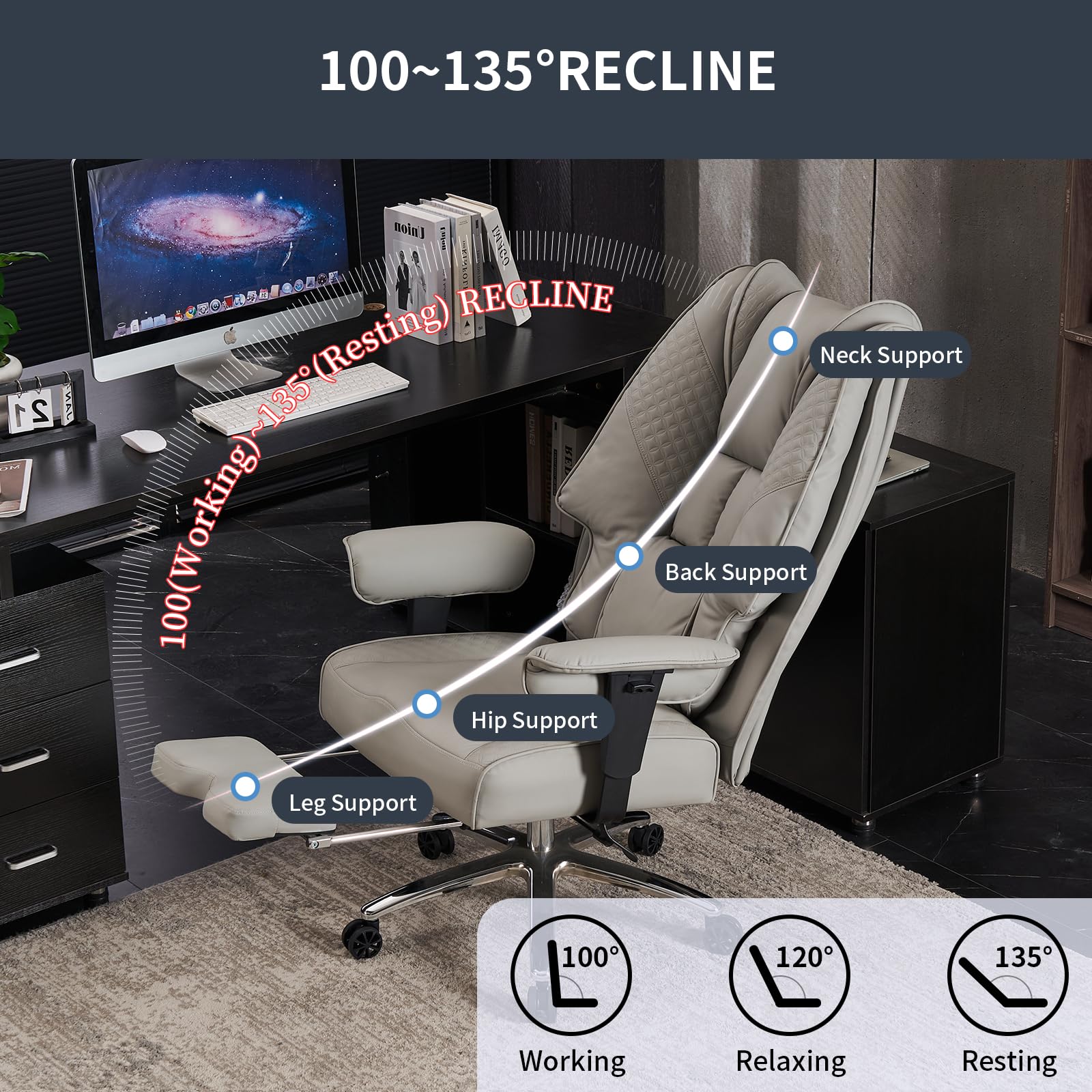 Big and Tall Office Chair 400lbs Capacity - Wide Seat Leather Executive Chair with Adjustable Footrest & Lumbar Support - Ergonomic High Back Desk Chair for Back Pain Relief - Light Grey - Perfect for Home Office, Gaming, and Professional Workspaces
