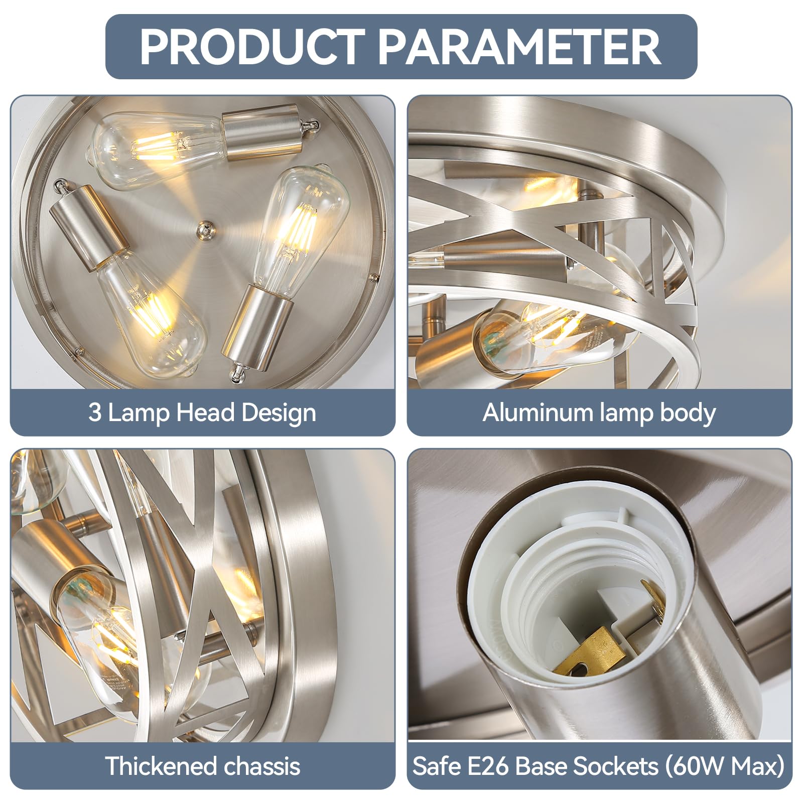 3-Light Brushed Nickel Flush Mount Ceiling Fixture - 13 Inch Modern Metal Cage Cross Ceiling Light for Kitchen, Bedroom, Bathroom, Laundry, Hallway & Office - Dimmable Indoor Lighting for Home & Commercial Spaces