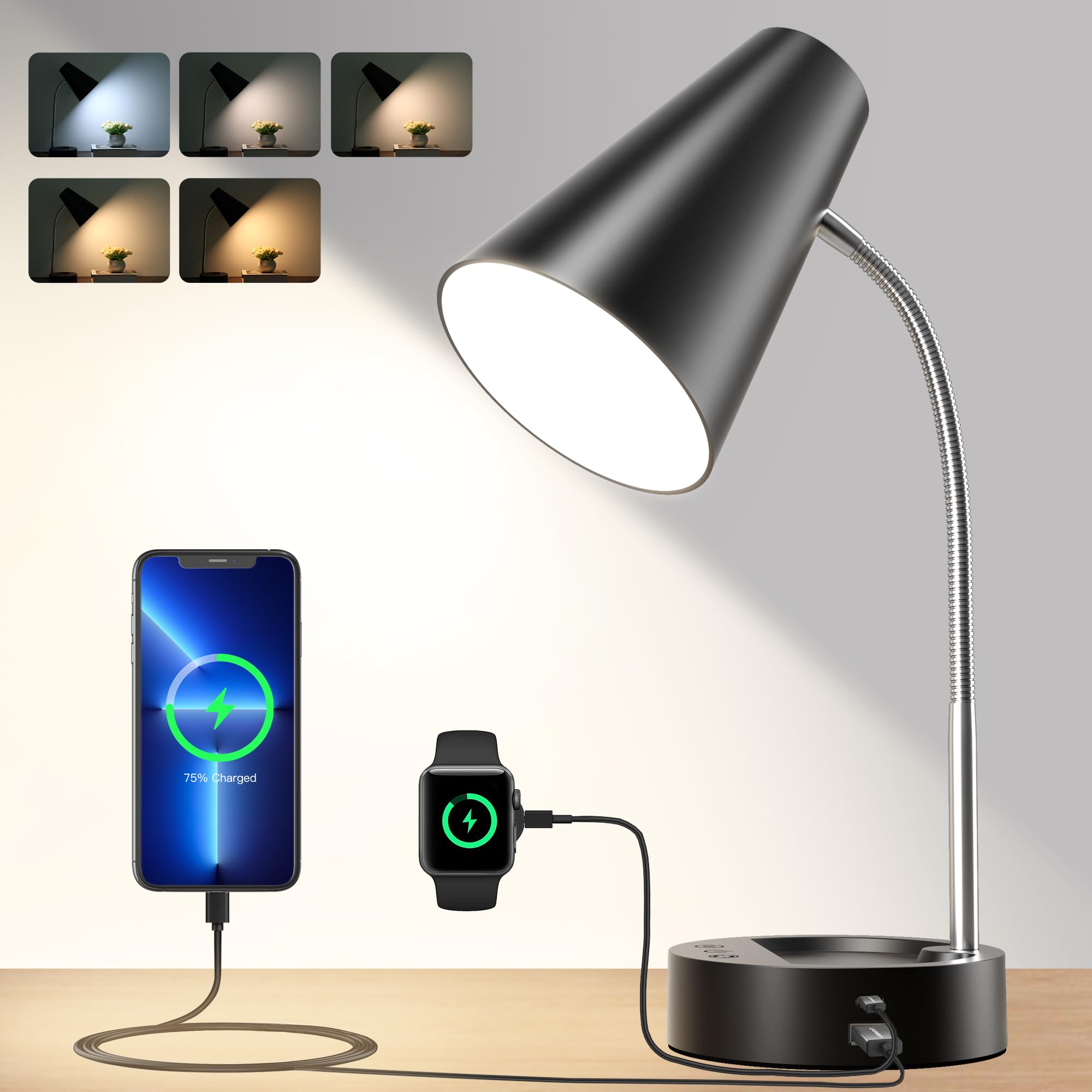 RUNTOP LED Desk Lamp with USB & Type C Port - 5 Brightness Levels & 5 Color Temperatures, Adjustable Gooseneck Table Light for Home Office, Reading, Studying - Black Modern Task Lamp for Computer Work & Nighttime Use