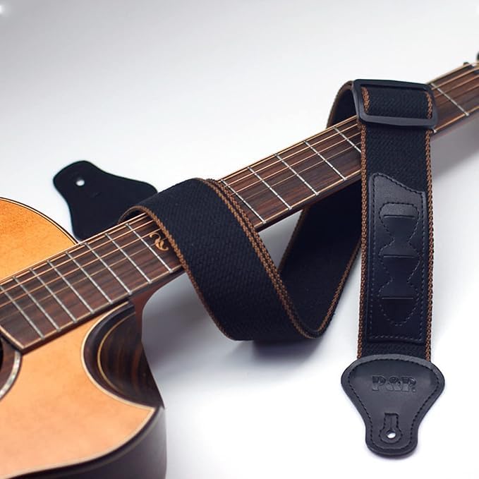Premium PU Leather Guitar Strap with 2 Buttons & 2 Locks - Includes 3 Free Guitar Picks for Bass, Electric & Ukulele (Black) | Comfortable & Adjustable for Live Performances, Studio Recording & Practice Sessions