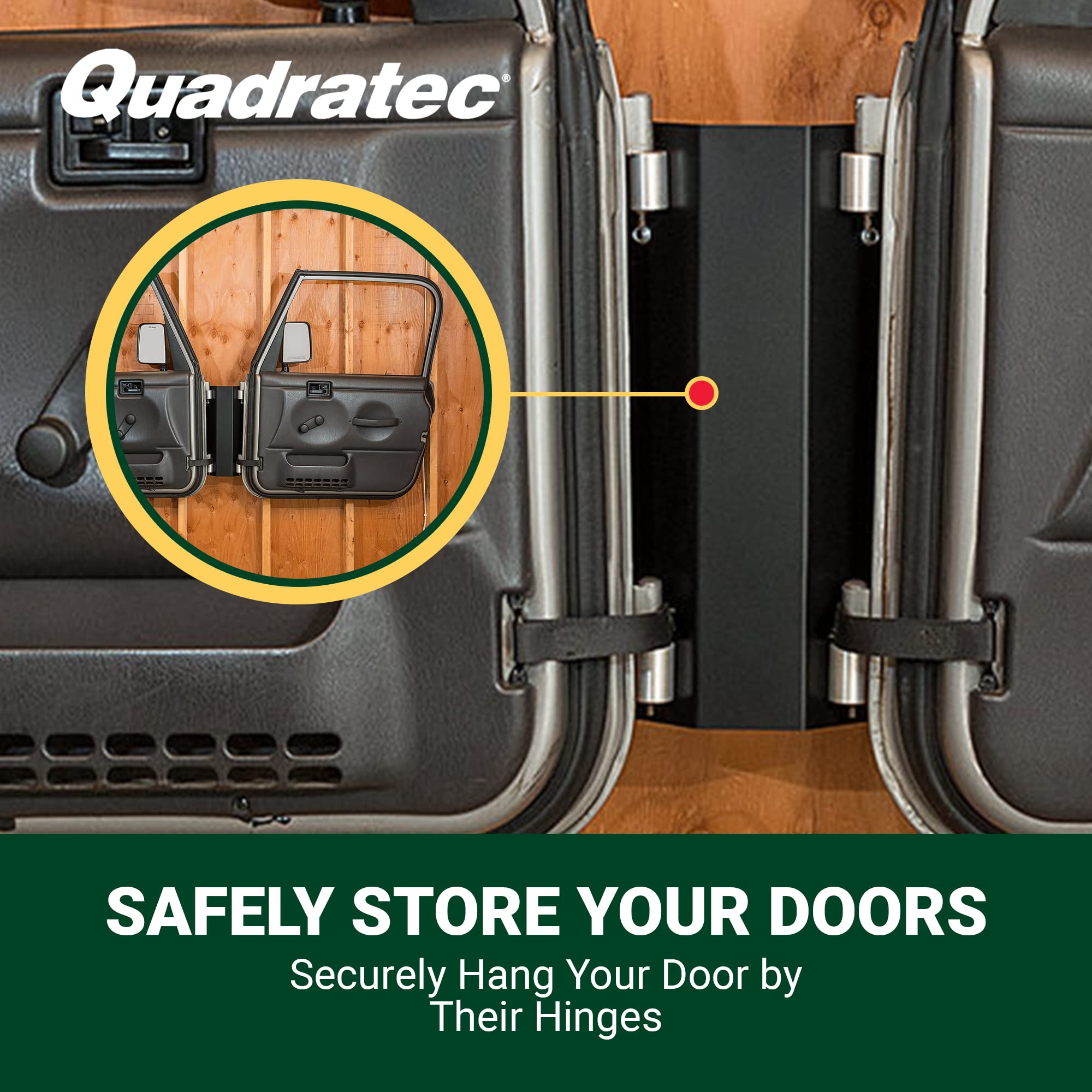 Quadratec Hinge Mounted Jeep Door Storage Hanger - Fits Jeep Wrangler & Gladiator (1976-2023 Models) CJ YJ TJ LJ JK JL - Garage Wall Organizer for Jeep Doors - Perfect for Off-Road Storage & Space Saving in Garages