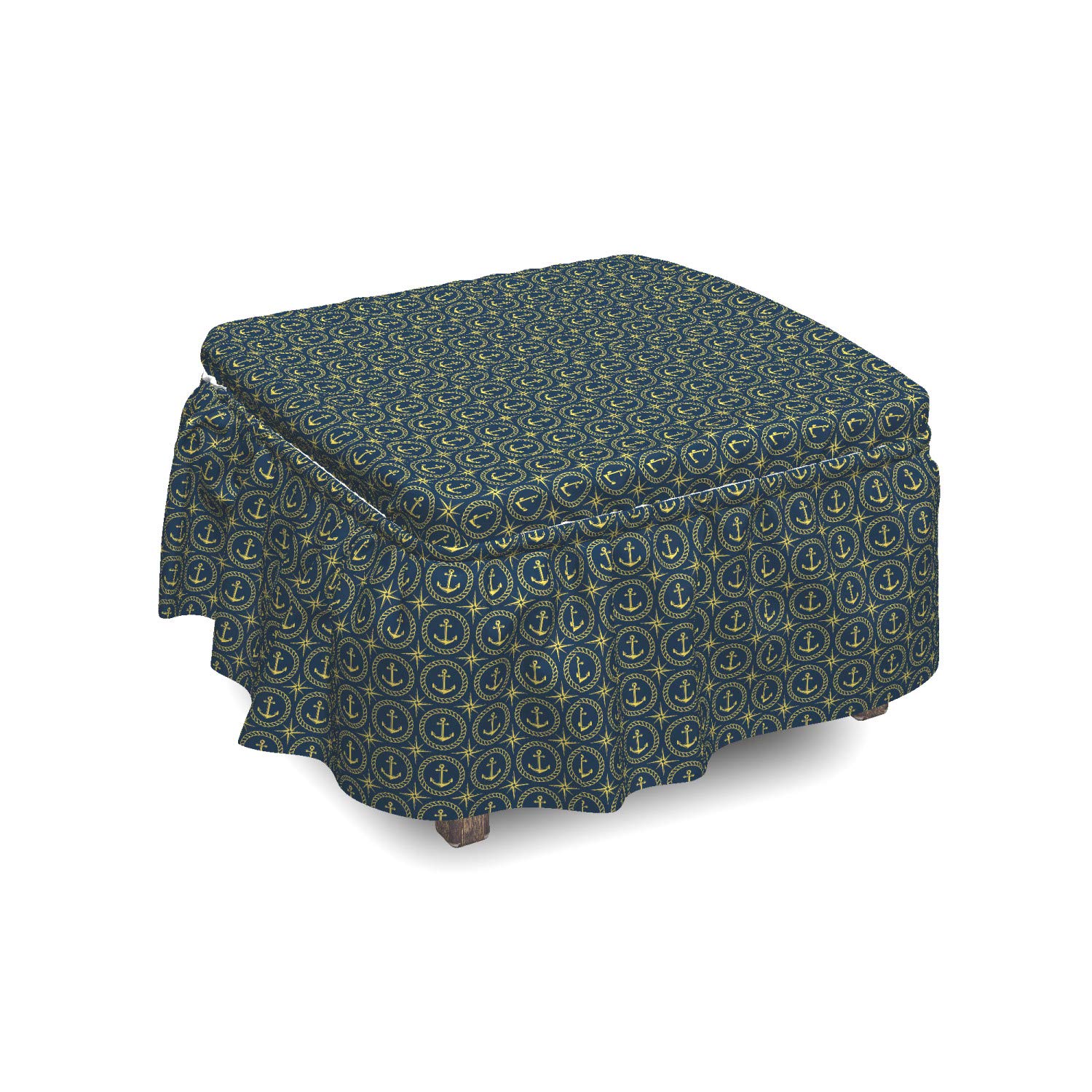 Ambesonne 2-Piece Anchor Ottoman Slipcover Set with Ruffle Skirt - Cruise & Travel Themed Decorative Cover for Square, Round, Cube Footstools - Standard Size in Indigo & Yellow - Perfect for Nautical Home Decor, Living Room Accent & Coastal Style Interiors