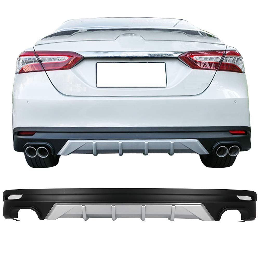 IKON MOTORSPORTS V3 Rear Bumper Lip Diffuser for 2018-2024 Toyota Camry - Unpainted Black with Silver Trim PP - Enhances Aerodynamics & Style for Street Racing & Car Shows