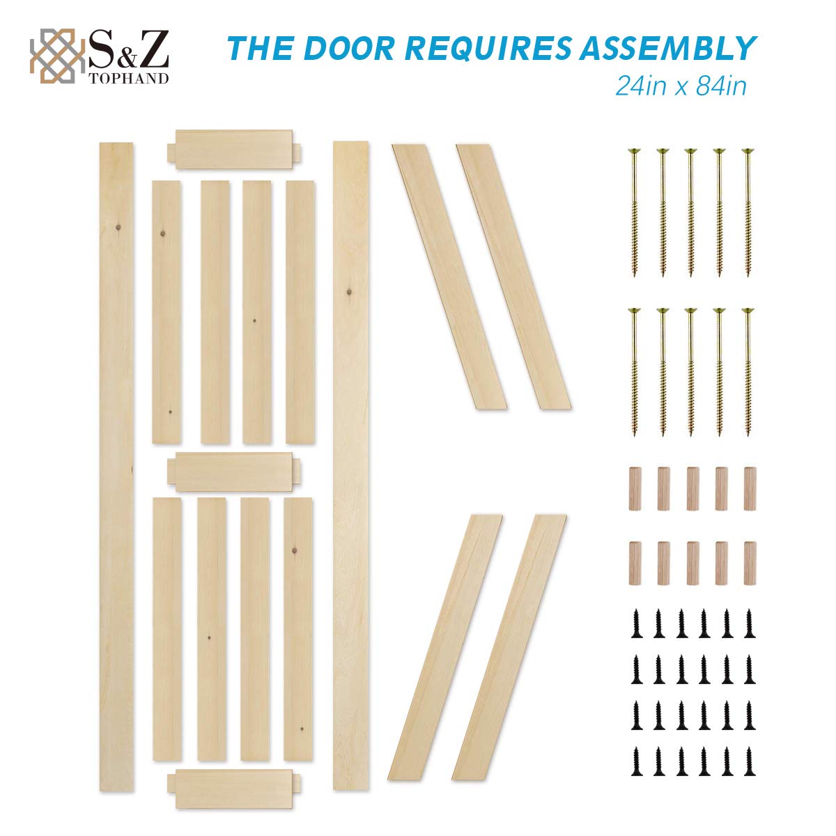 S&Z TOPHAND 24x84 Inch Solid Wood Barn Door - Unfinished British Brace Sliding Door in Modern Style (20/24/28/30/32/36/38/40/42/46in Options) - Easy Assembly for Bedroom, Closet, or Farmhouse Decor