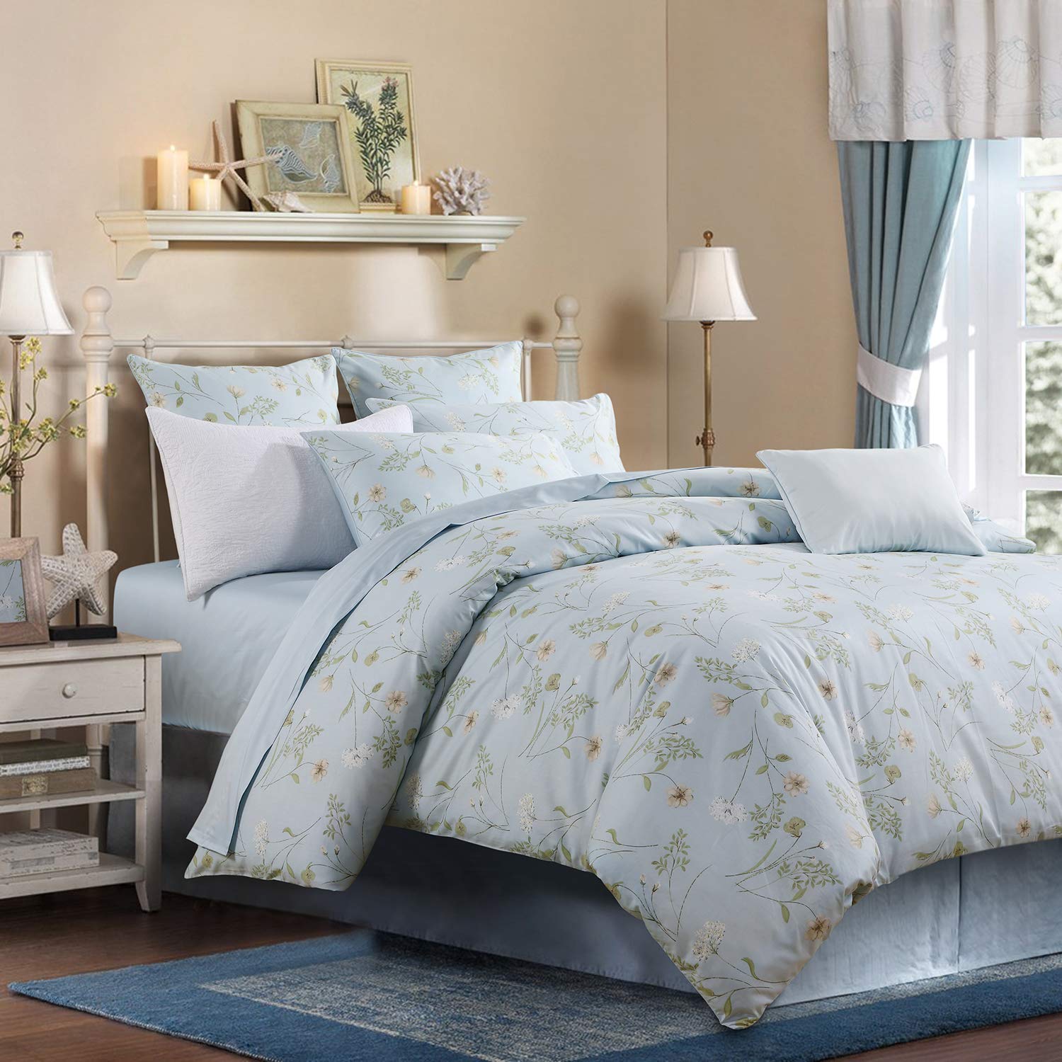 **California King Size Vintage Hibiscus Flower Duvet Cover Set - 3Pcs 100% Egyptian Cotton Bedding Collection | Soft & Breathable | Mickey Blue Modern Reversible Design | Perfect for Girls' Bedroom, Guest Room & Cozy Home Decor**