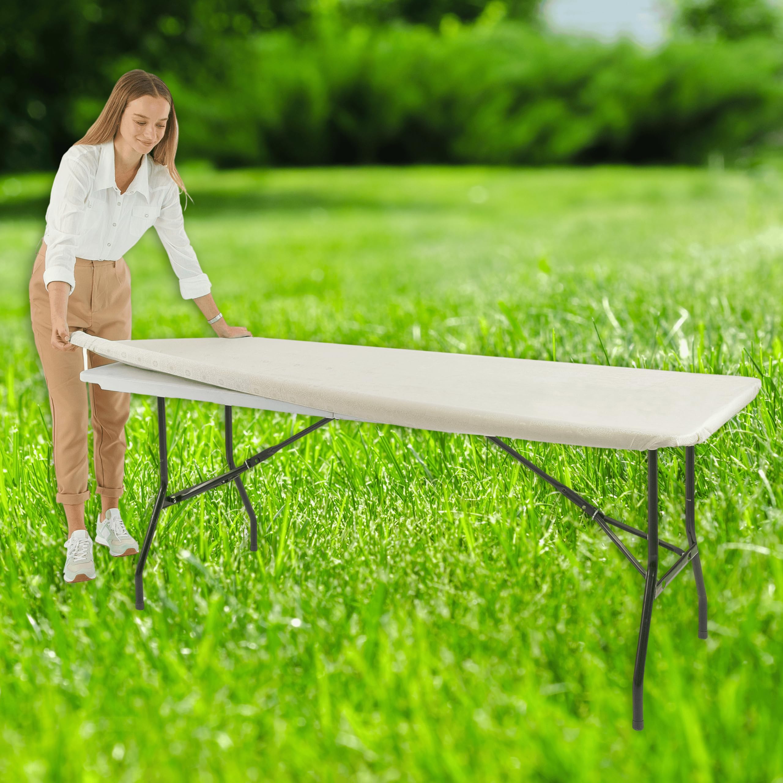Stretchable Rectangle Tablecloth for 4ft Tables - Elastic Edge Washable Polyester Table Cover for Banquet & Folding Tables - 24x50 Inch Party Picnic Tablecloth with Mitered Corners | Perfect for Weddings, BBQs, Outdoor Events & Home Decor