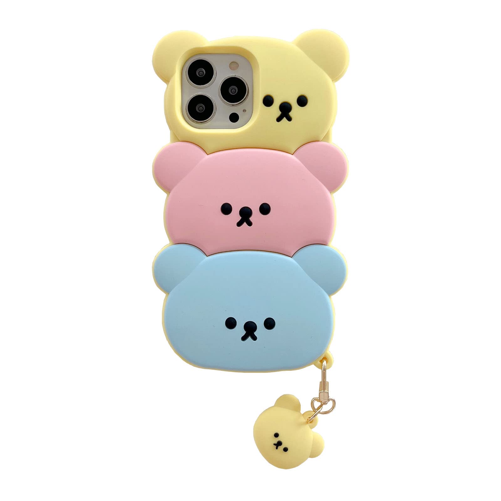 Cute 3D Silicone Bear Phone Case for iPhone 13 - Kawaii Cartoon Design with Keychain, Soft Rubber Shockproof Protective Cover for Women & Girls | Perfect for Everyday Use, School, Work, and Travel