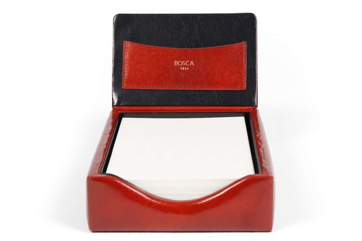Bosca Old Leather Flip Top Memo Box - Vintage Amber Leather Stationery Organizer for Home & Office Desk | Perfect for Notes, Cards & Keepsakes