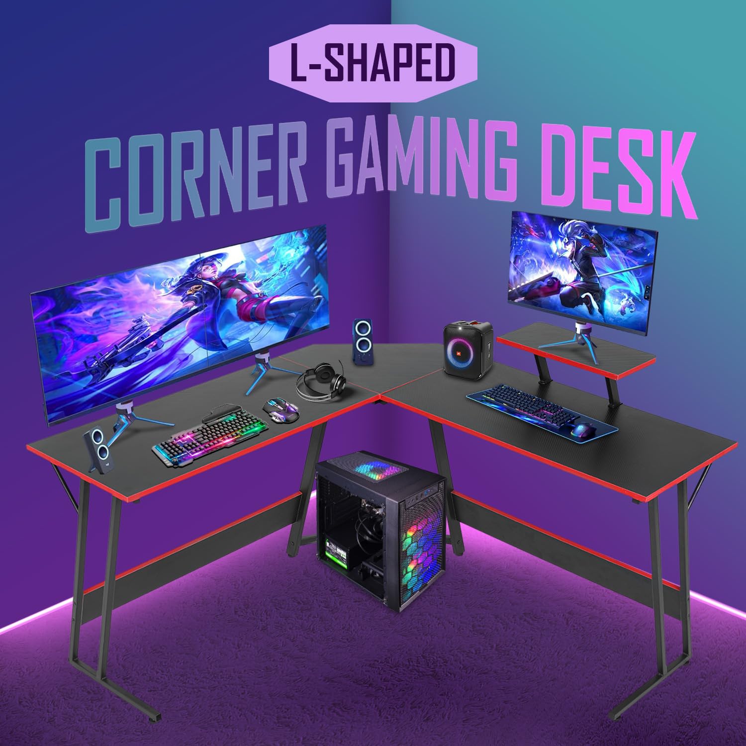 Premium L-Shaped Gaming Desk with Carbon Fiber Surface - Large Monitor Stand Corner Computer Desk for Home Office, Gaming & Study - Black (Ideal for Multi-Monitor Setup & Ergonomic Workspace)