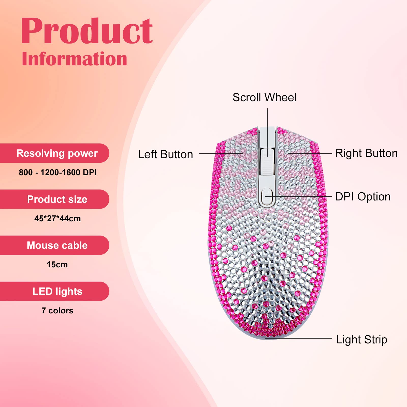 KEYPOWER Bling Rhinestones USB Wired Mouse with 7 Colors Backlit, Personalized Gift for Computer Laptop, Perfect for Gaming, Office, and Home Use