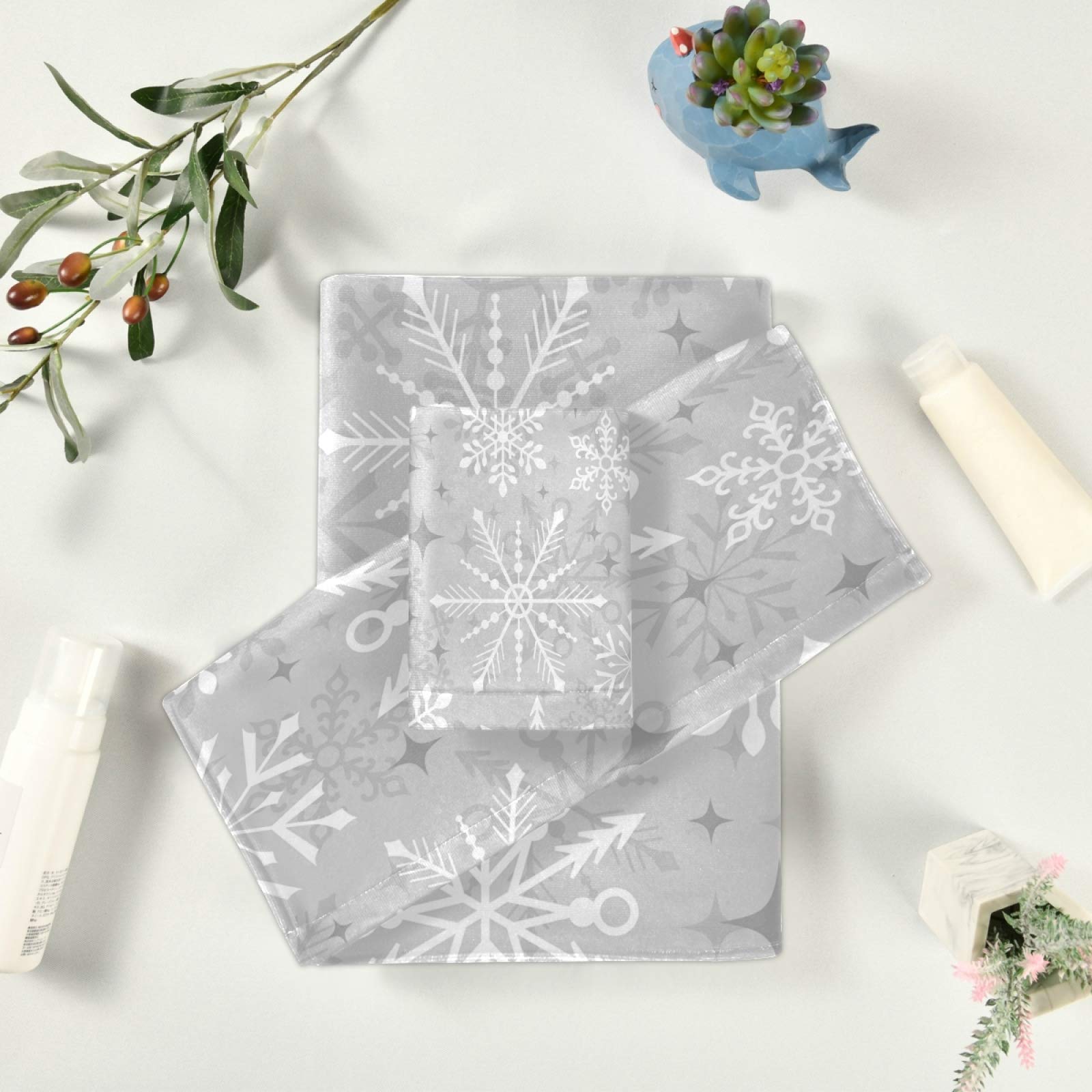 ALAZA Christmas Silver Snowflake Bath Towel Set - 3-Piece Soft Highly Absorbent Towels (1 Bath, 1 Hand, 1 Washcloth) for Bathroom, Kitchen, Beach, Gym & Spa - Holiday Home Decor & Gift Idea