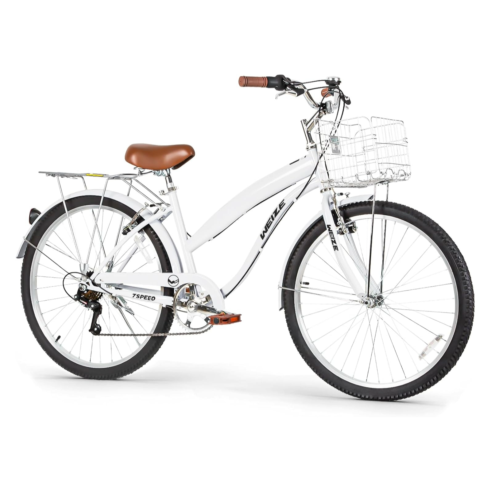 WEIZE 26 Inch White Beach Cruiser Bike for Adults - 7 Speed Commuter Bicycle with Comfortable Seat & Retro Style - Perfect for Beach Rides, City Commuting & Leisure Cycling
