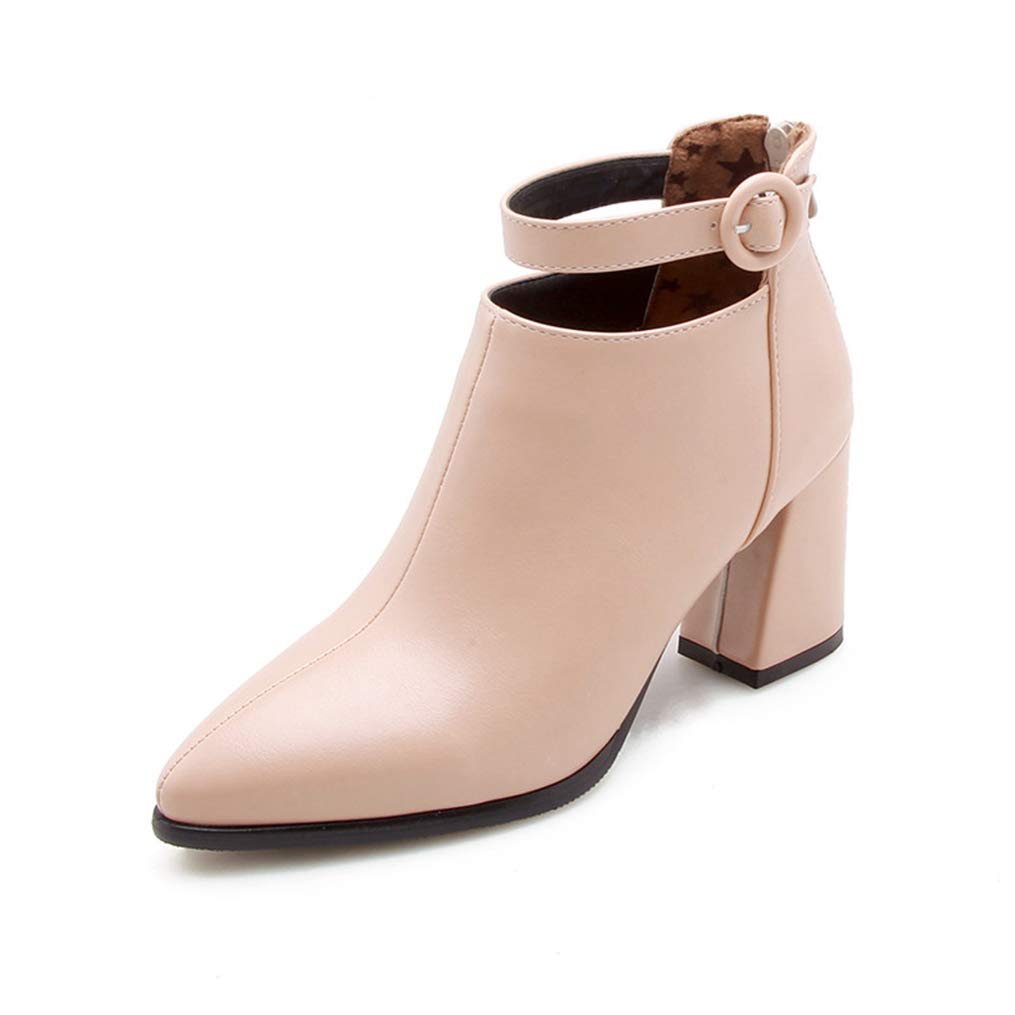 GIY Women's Pointed Toe Square Heel Ankle Boots - Fashion Buckle Strap Waterproof Zipper High Heel Short Boots for Work, Party & Winter Outfits