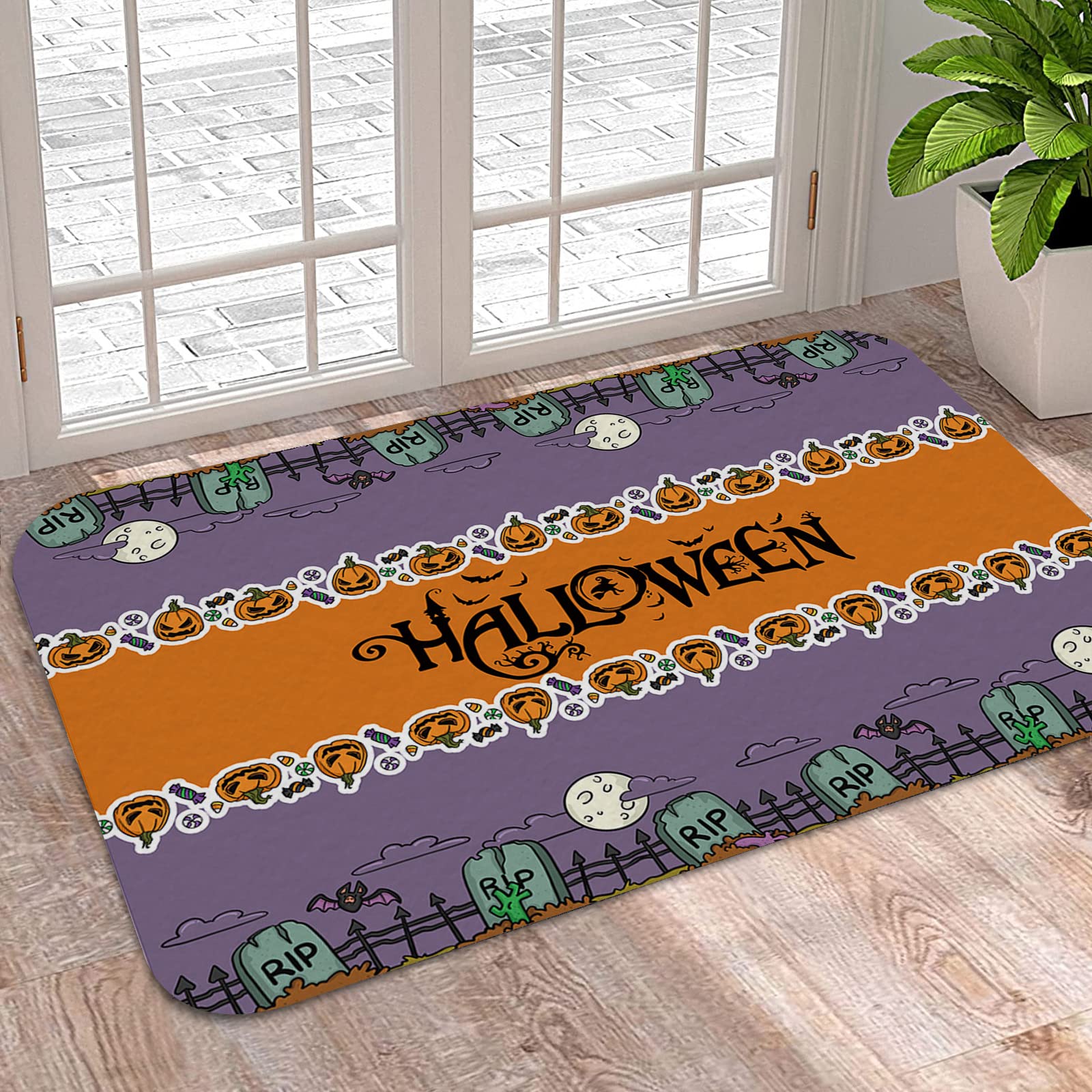 Halloween Pumpkin Tombstone Doormat - Non-Slip Absorbent Bath Rug with Orange Stripe & Bat Night Moon Design, Washable Entryway Decor for Kitchen, Bathroom, Front Door (20x31 Inches) - Perfect for Spooky Season Home Decor & Holiday Gift