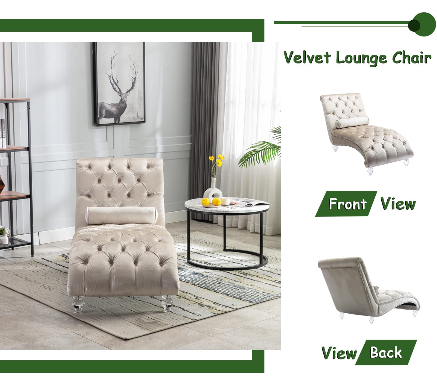 KINFFICT Velvet Chaise Lounge Chair with Toss Pillow - Modern Tufted Button Accent Chair with Sturdy Acrylic Legs - Upholstered Sleeper Chair for Living Room, Bedroom, Office or Nursery - Soft Beige Velvet Fabric - Perfect for Relaxing, Reading & Small Space Decor