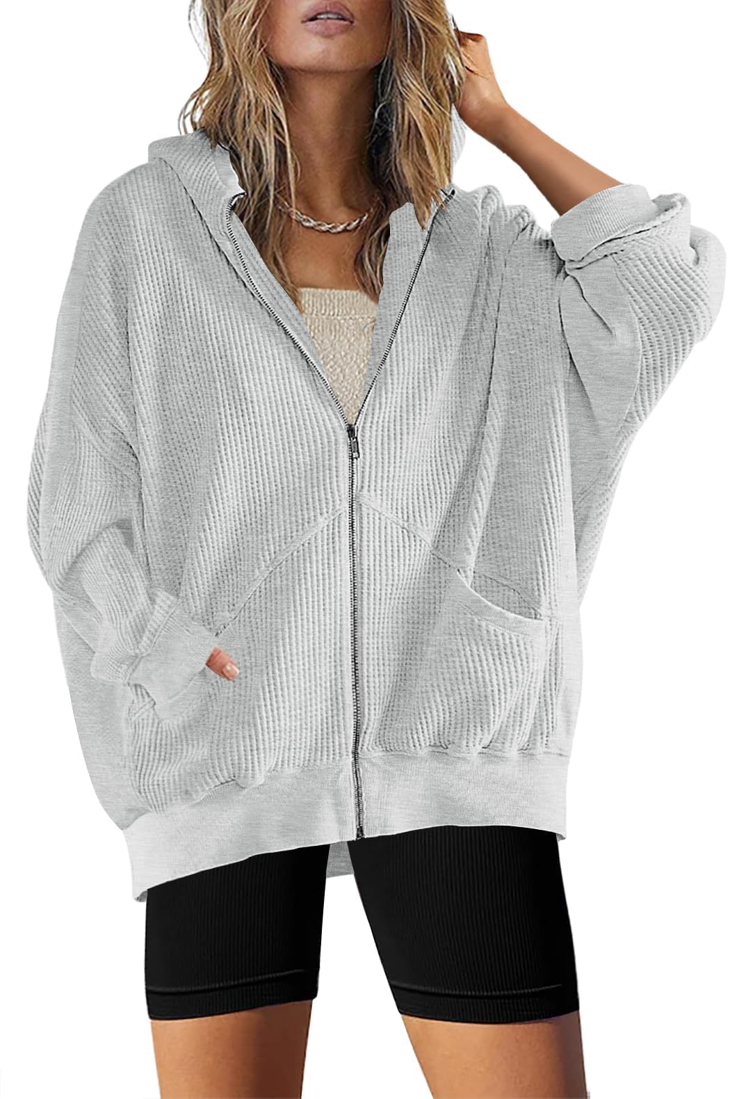 Women's Oversized Waffle Knit Zip Up Hoodie Jacket - Long Sleeve Shacket Blouse with Pockets | Casual Loungewear, Streetwear & Fall Layering Essential