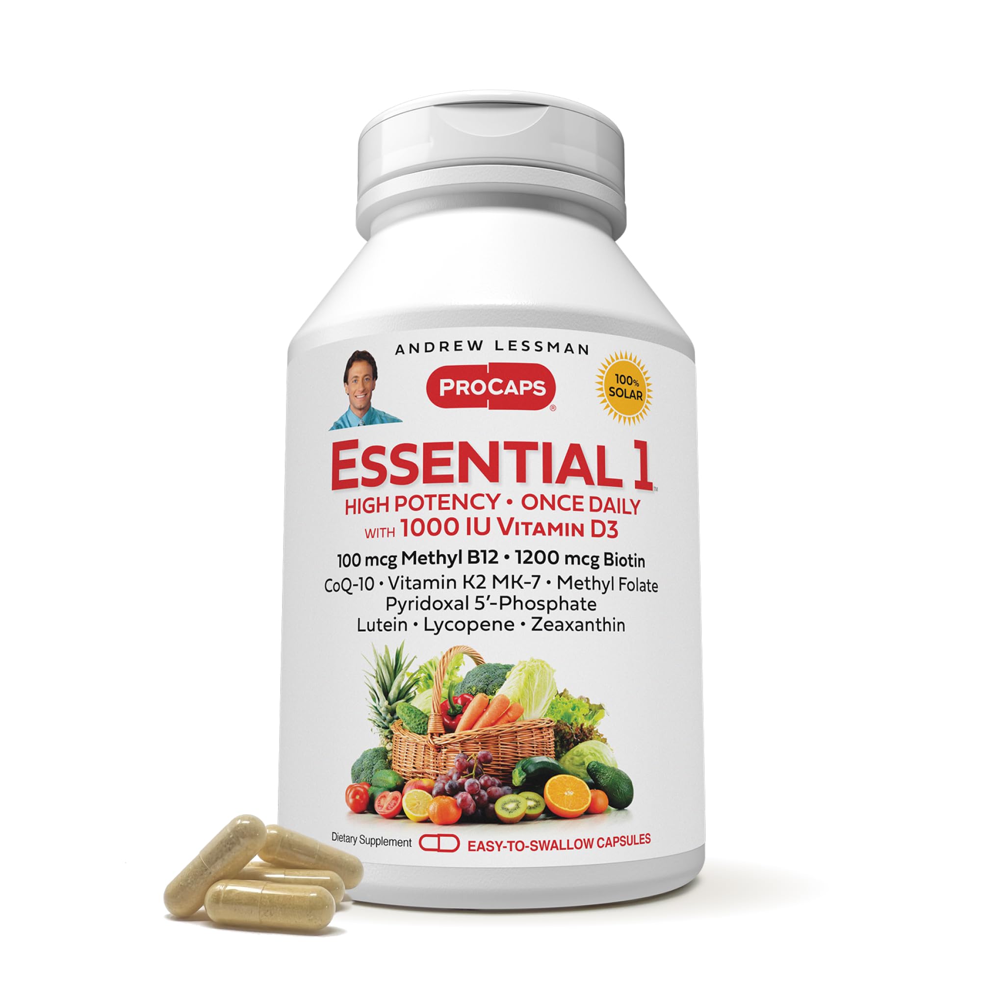 ANDREW LESSMAN Essential-1 Multivitamin with 1000 IU Vitamin D3, 360 Small Capsules - 100mcg Methyl B12, CoQ10, Lutein, Lycopene & Zeaxanthin | High Potency, No Additives, Ultra-Mild | One Daily Capsule for Immune Support & Eye Health | Perfect for Busy Adults & Active Lifestyles