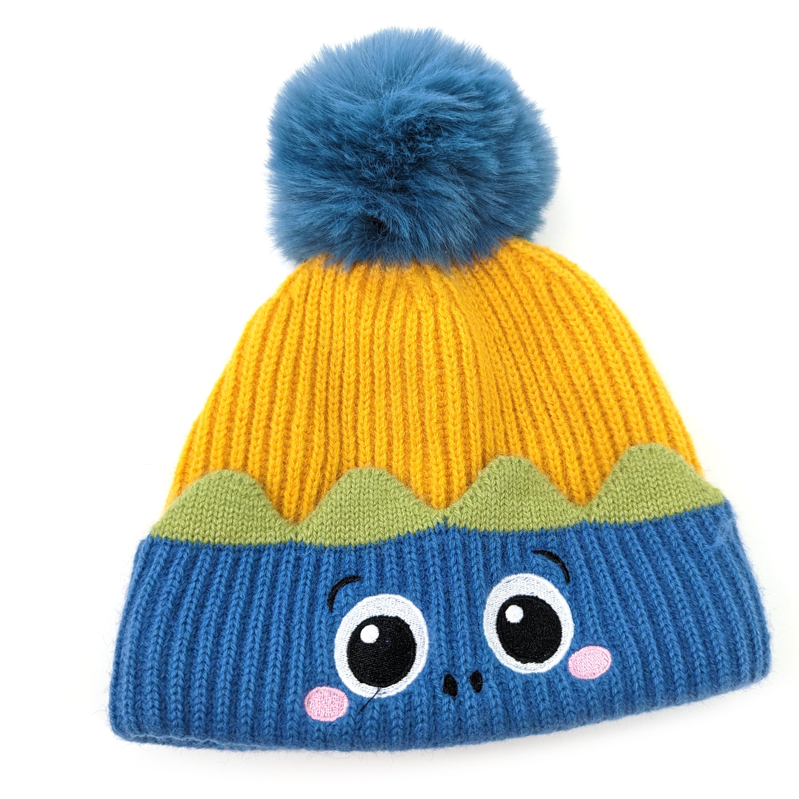 Kids Monster Bobble Hat - Blue & Yellow Winter Beanie for Boys & Girls (Ages 2-8) | Warm Cute Animal Ear Hat for Outdoor Play, Snow Days & Christmas Photos