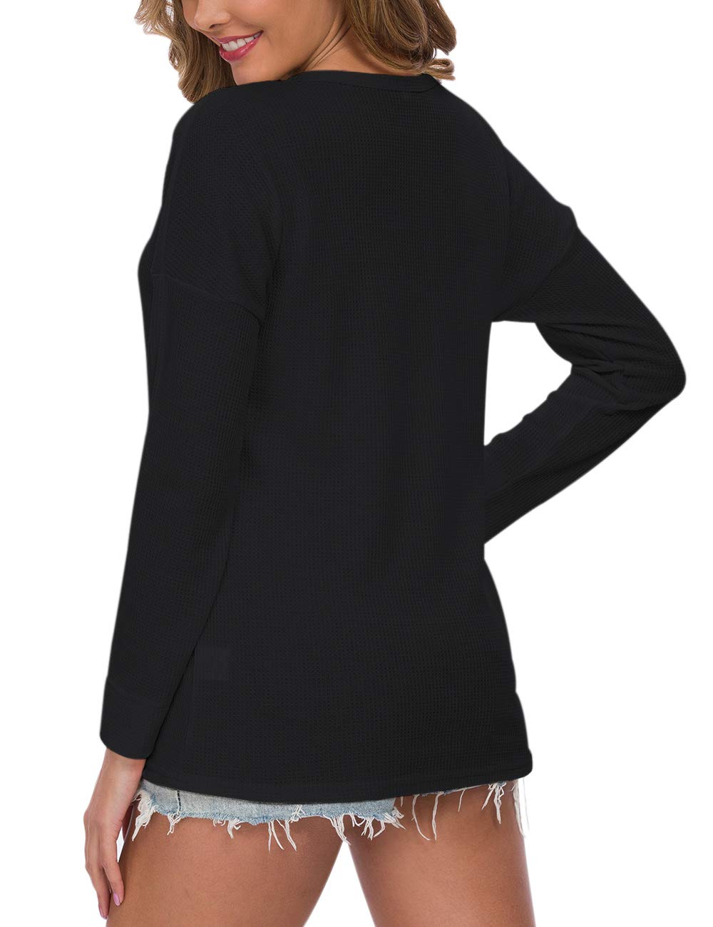 WNEEDU Women's Waffle Knit Tunic Top - Loose Fit Long Sleeve Button Up Henley Shirt with V-Neck | Casual Office Wear, Layering Piece & Fall Fashion Essential