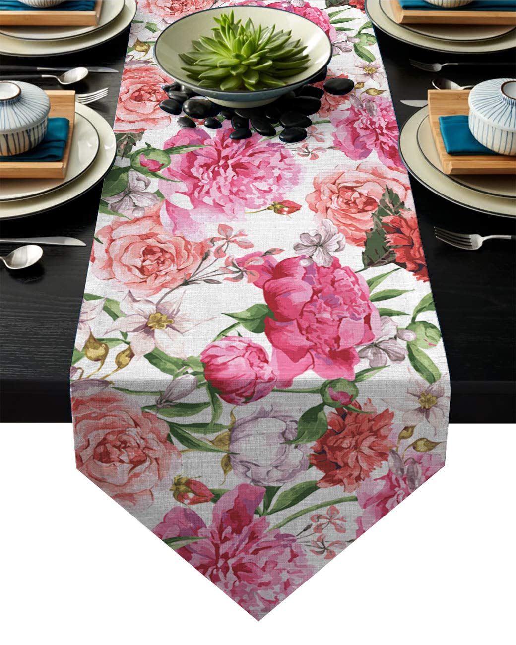 Blooming Peonies Roses Table Runner - Wedding Kitchen Decor 14x72in