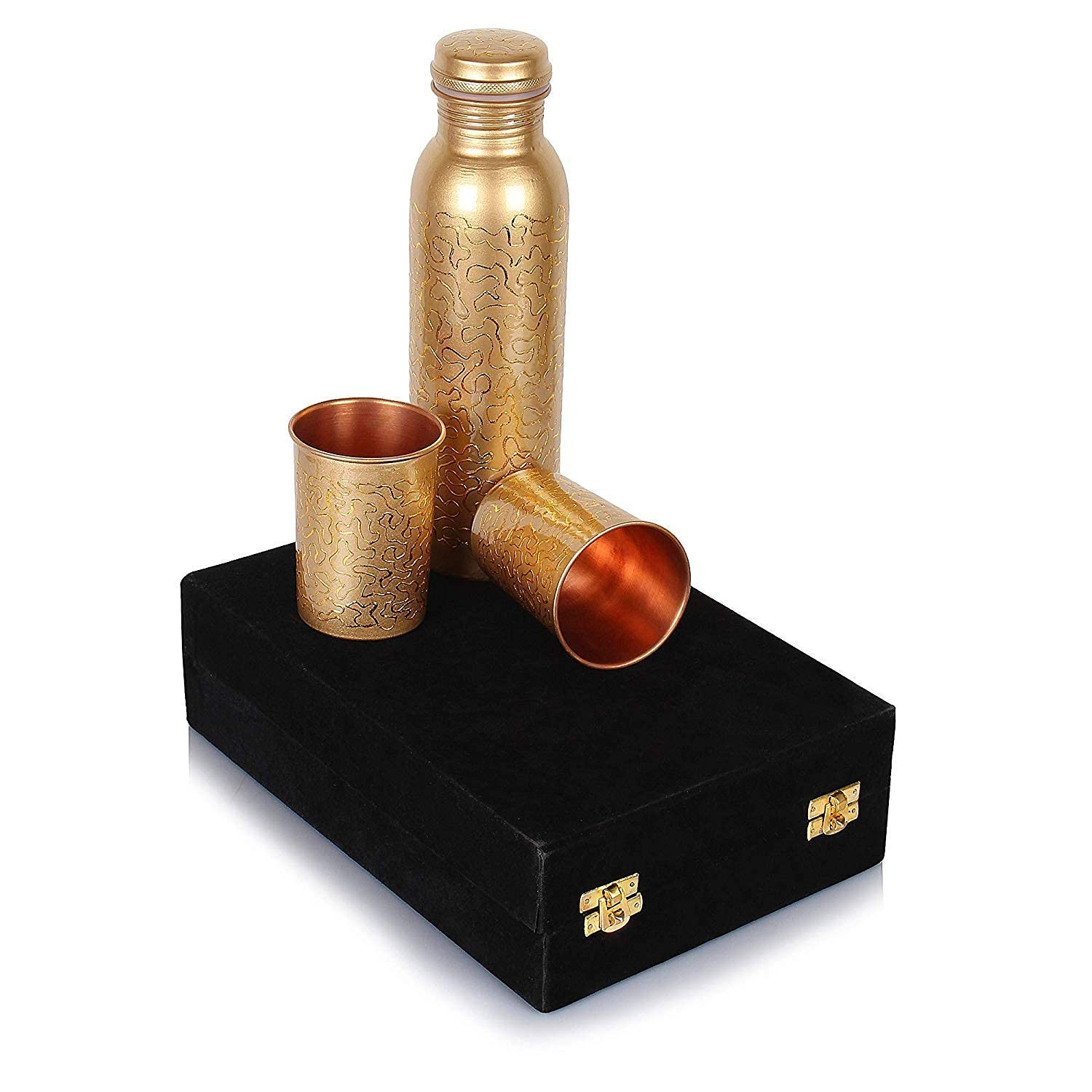 Sainio 1000ml Copper Water Bottle with Glass Lid - Eco-Friendly & Insulated for Hot & Cold Drinks - Perfect for Gym, Hiking, Yoga & Office Use - Green Print Design (Set of 1)