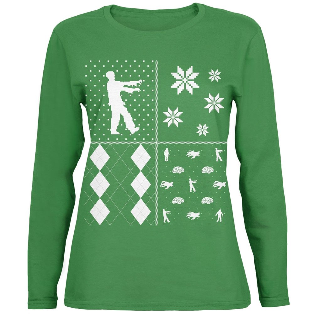 Zombie Festive Ugly Christmas Sweater - Women's Long Sleeve Green T-Shirt | Holiday Party, Cosplay & Funny Gift