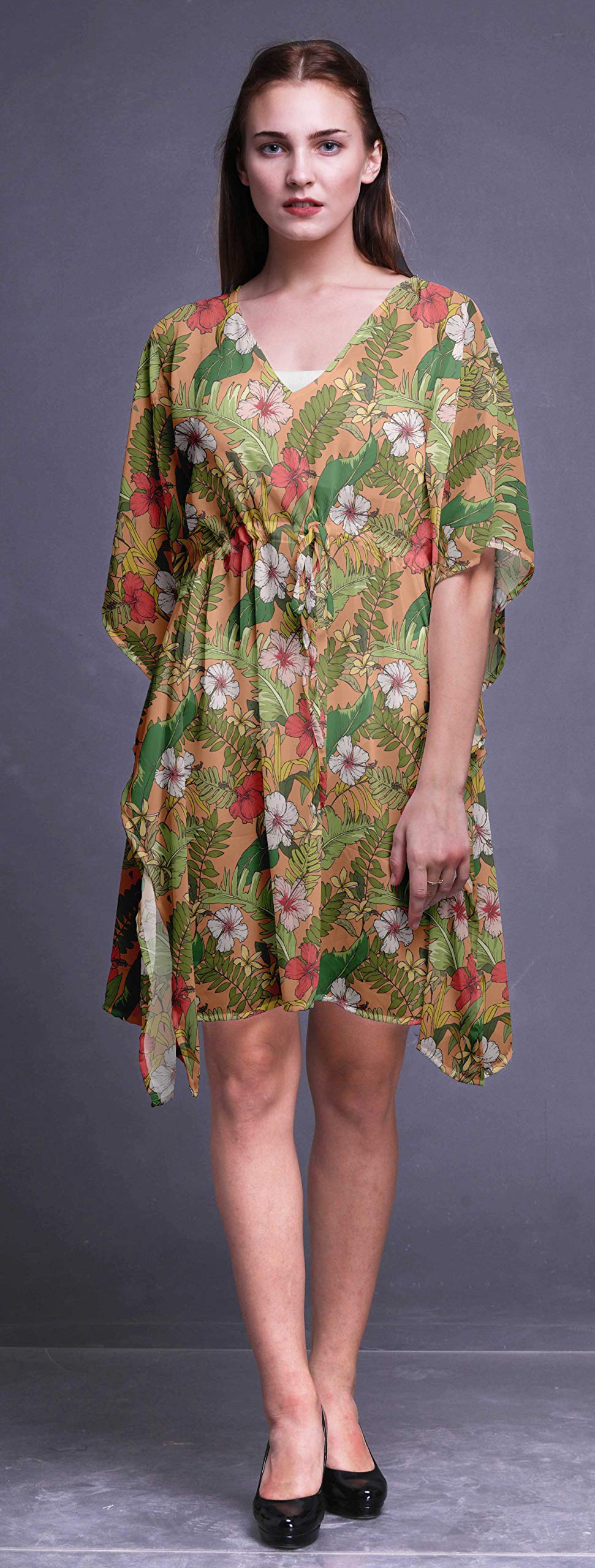 Bimba Women's Short Caftan Midi Dress - Beach Cover Up Swimwear, Summer Boho Kaftan Dress for Pool, Vacation & Resort Wear