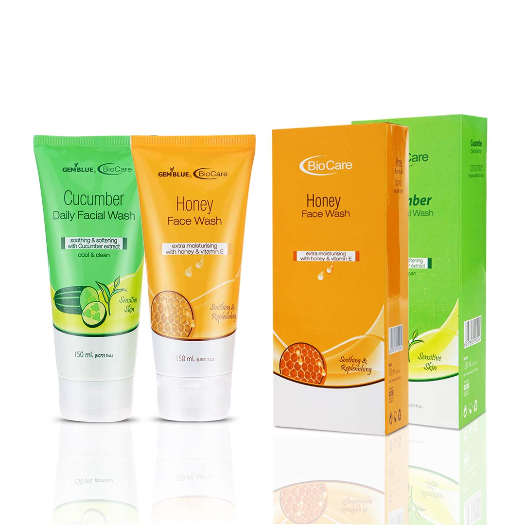 GEMBLUE BioCare Cucumber & Honey Face Wash Duo - 150ml Each | Gentle Cleansing for Daily Skincare Routine | Hydrating & Nourishing for All Skin Types | Perfect for Morning & Night Use