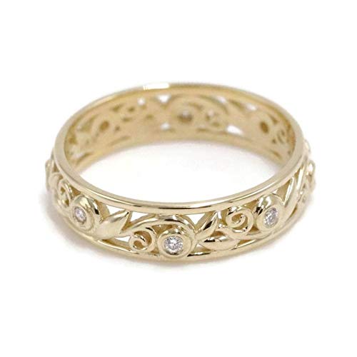 Vintage Rustic Leaf Filigree Eternity Diamond Wedding Ring - Scroll Pattern Feminine Wedding Band - Vintage Inspired Vine Leaf Design - Perfect for Engagement, Anniversary & Romantic Occasions