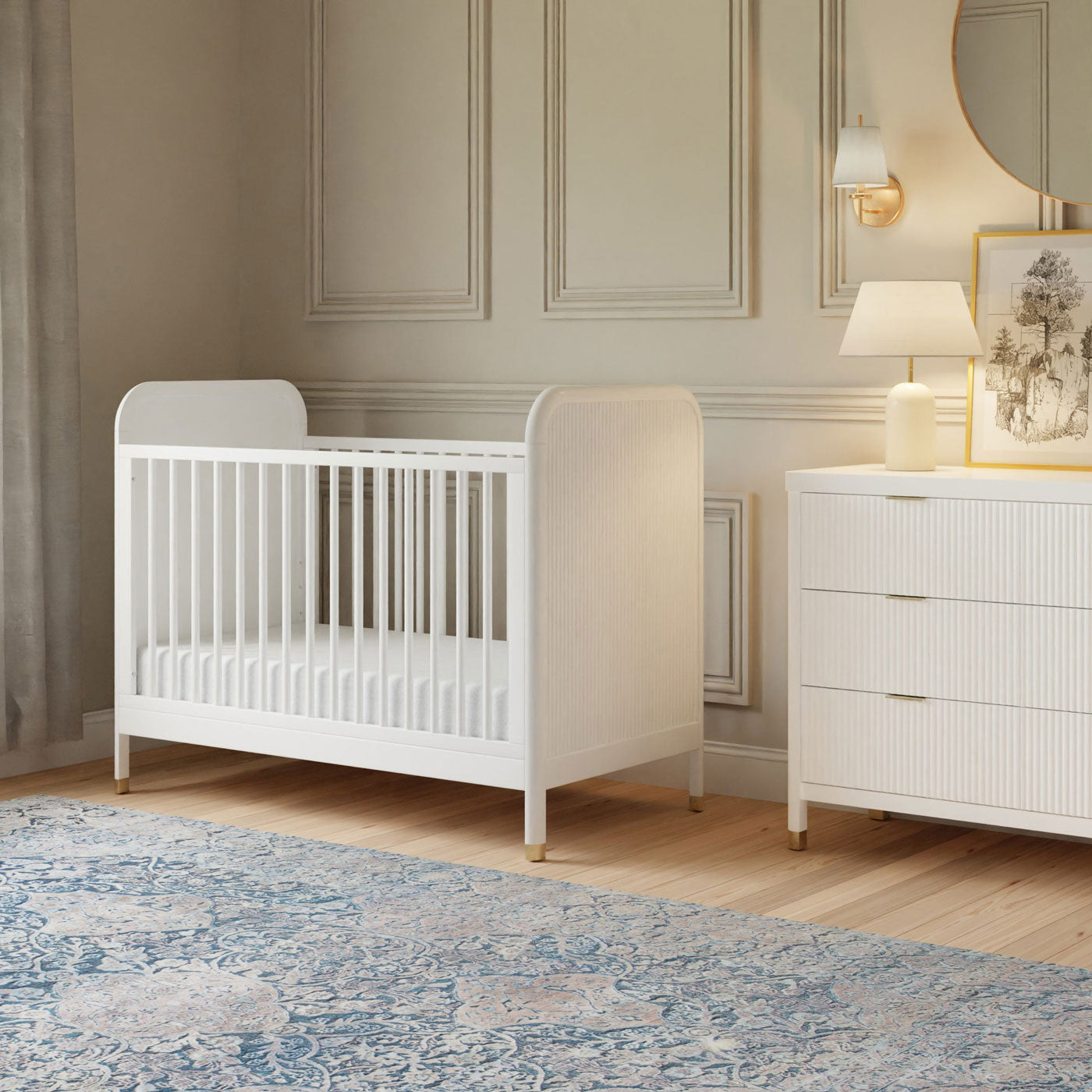 Brimsley Tambour 3-in-1 Convertible Baby Crib - White Nursery Furniture for Newborn to Toddler | Perfect for Small Spaces & Modern Nurseries
