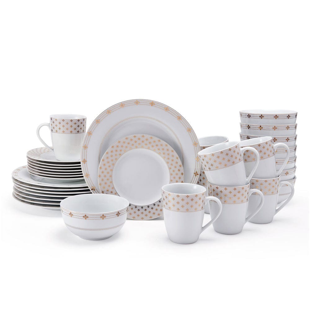 Modern Petals 32-Piece Dinnerware Set - Service for 8, Porcelain Dinner Plates, Salad Plates, Bowls & Mugs - Elegant Floral Design for Family Dinners, Parties & Home Decor