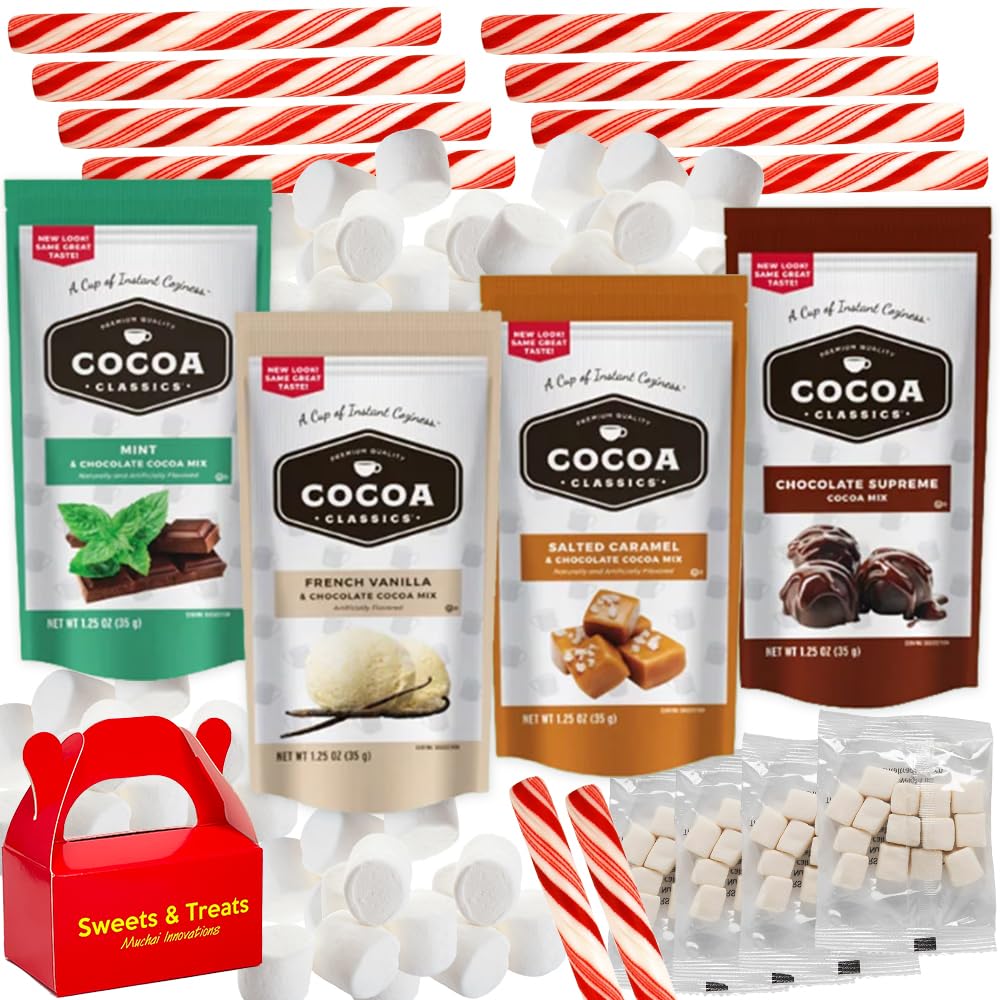 Premium Hot Chocolate Cocoa Gift Basket with Peppermint Stir Sticks, Mini Marshmallows & 4 Flavor Variety (Mint, Chocolate, Caramel, Vanilla) - Perfect for Holiday Gifts, Winter Warmth & Cozy Nights