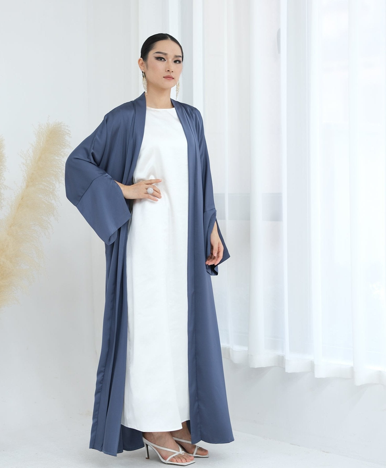 Lavinia Satin Open Abaya Denim - Elegant Muslim Prayer Dress for Women | Perfect for Prayer, Mosque, and Special Occasions